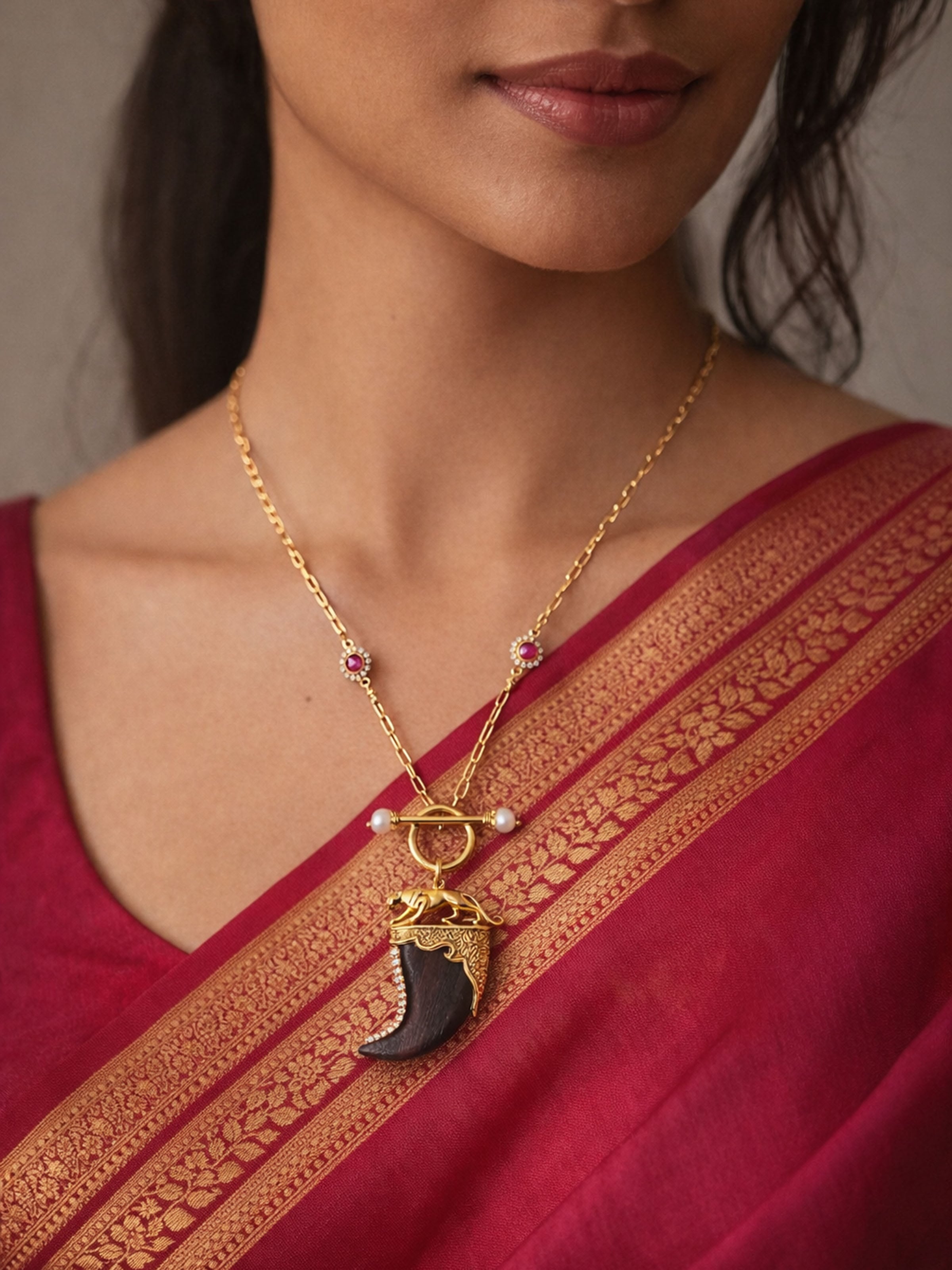 Carved Wood & Silver Pendant Chain