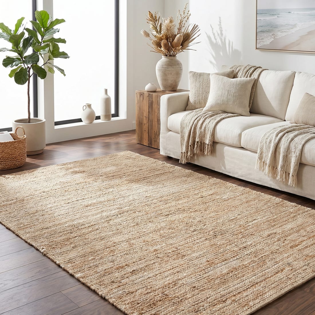 Jaipur Rugs Basketweave Rayon Chenille And Jute 5'3x7'6 Feet Cream Dhurrie Carpet