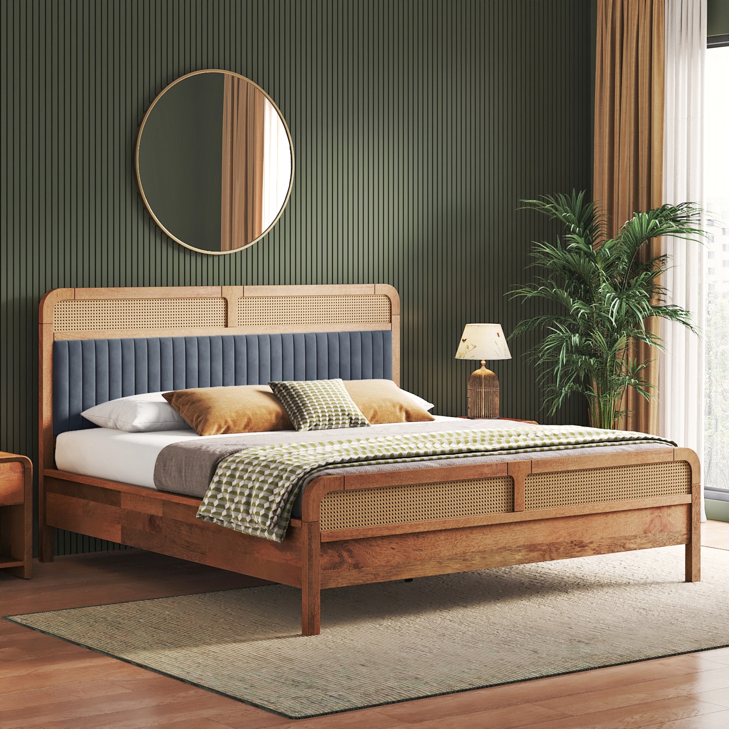 Hanoi Solid Wood Cane King Size Non storage Bed In Amber Walnut Finish Fabric Davis Plus - Urban Ladder