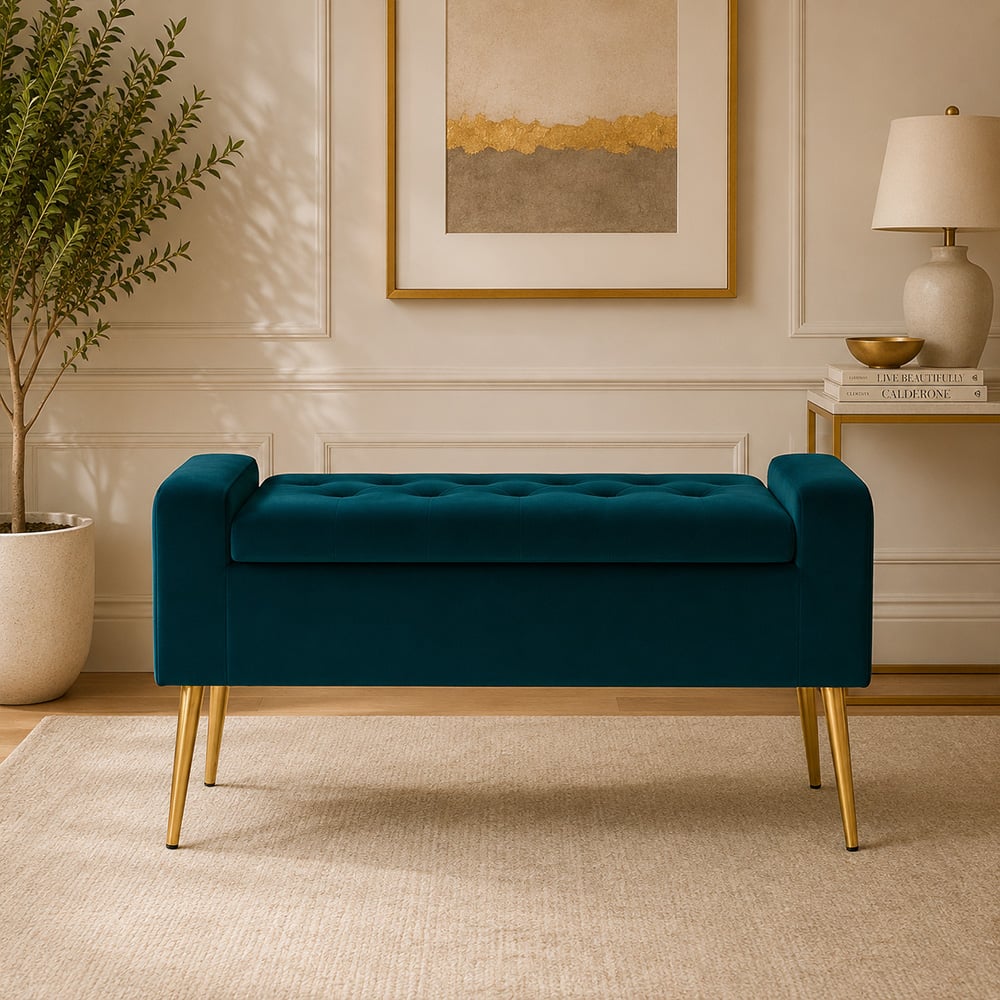Doe Buck Upholstered Storage Bench in Teal Colour with Gold Legs - Doe Buck