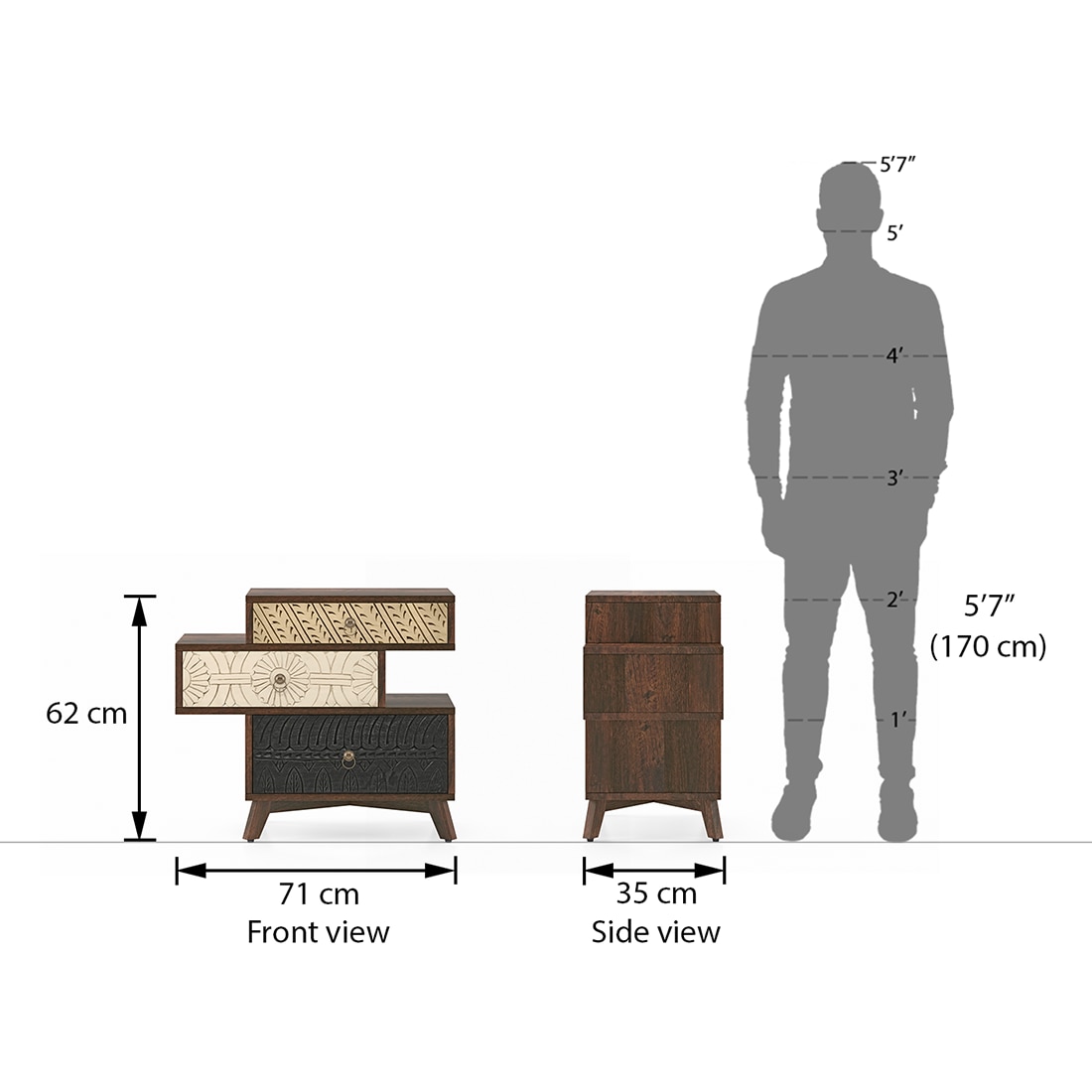 Zenga Solid Wood Side Table in Antique Walnut Finish