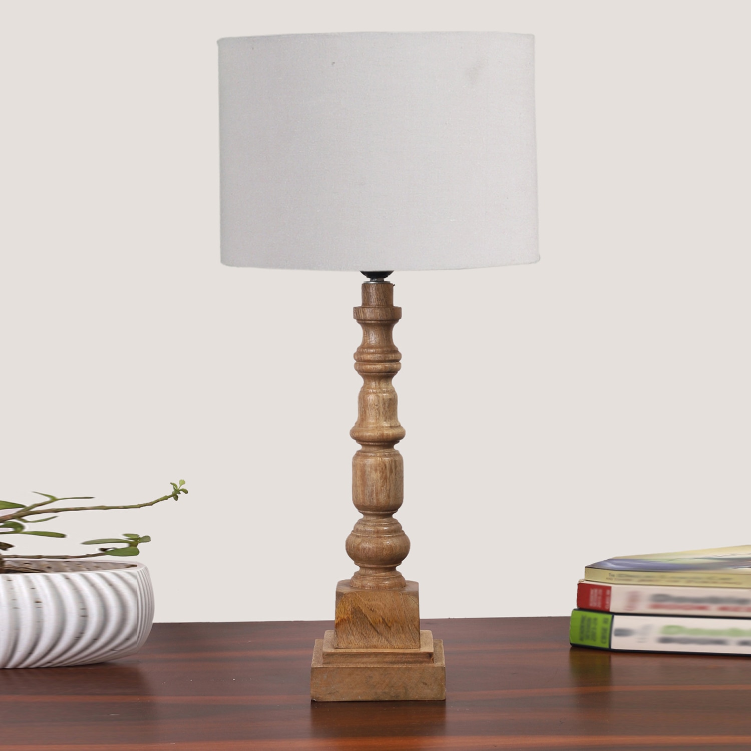 Devansh Grey Cotton Table Lamp With  Wood Natural Base (7X7X21.25 Inches)-7