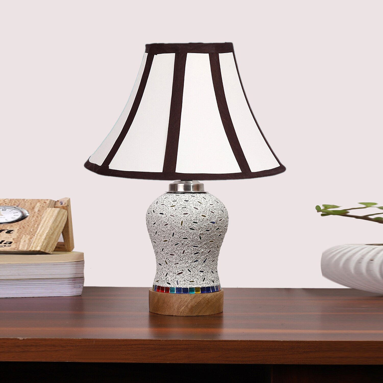 Devansh Multi Cotton Shade Lamp With Wood & Mosaic Glass Base For Decoration/Office/Home/Gifting/Study For Decoration/Office/Home/Gifting/Study