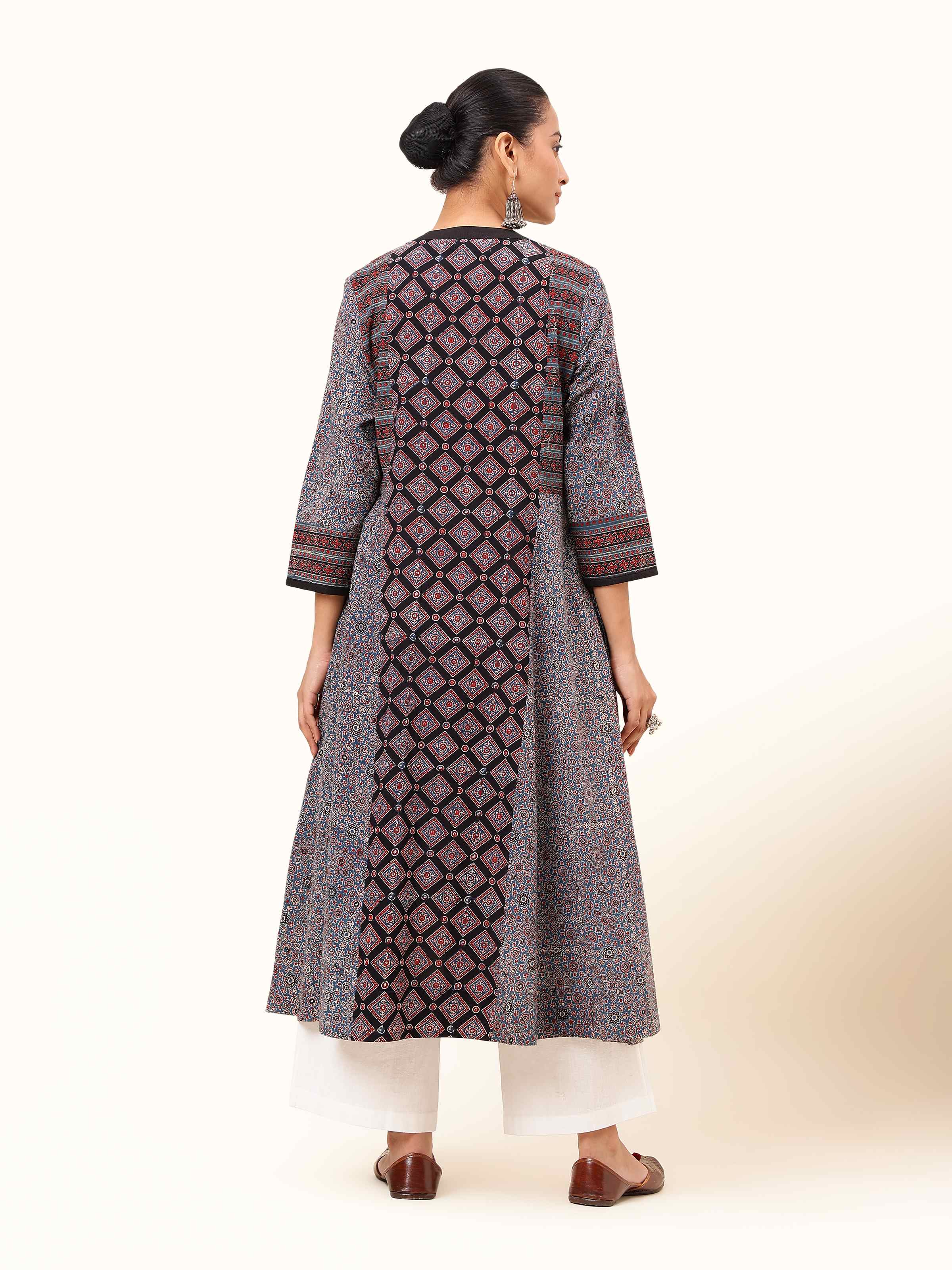 Back view of Black Cotton Ajrakh Block Printed Flared Kurta showing flare and print design