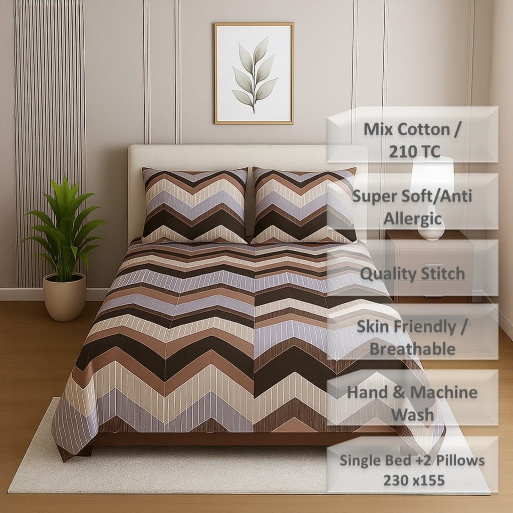 Multicolor Geometric 210 TC Mix Cotton Flat Single Bed Size Bedsheet With 2 Pillow Cover From Threads