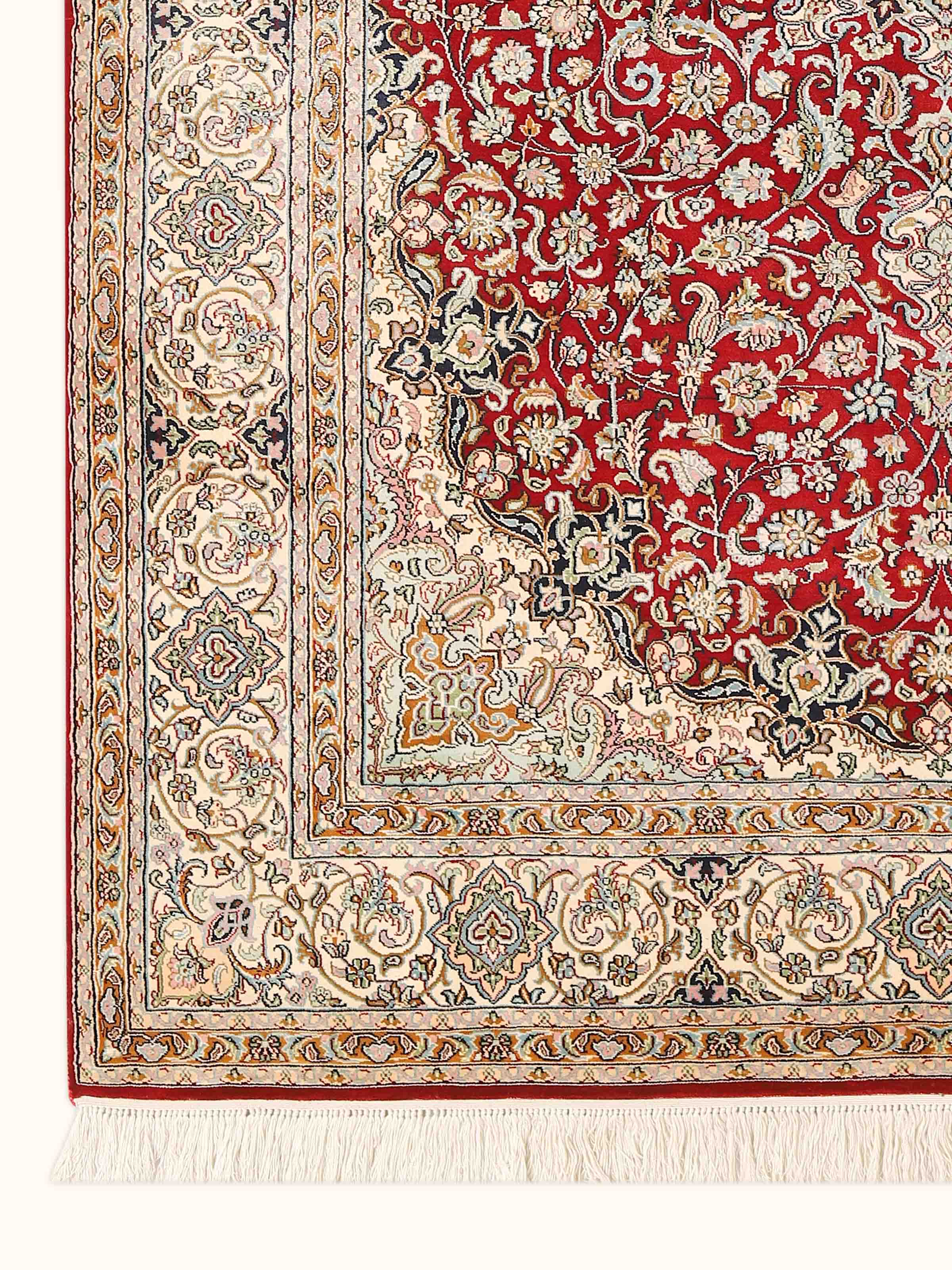 Traditional Kashan Red Kashmir Silk Hand-Knotted Carpet