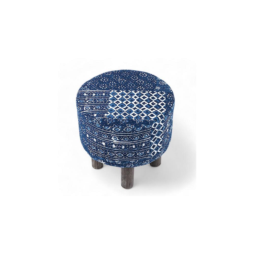 Morgan Solid Wood Pouf Stool in Indigo Patch Kantha Fabric