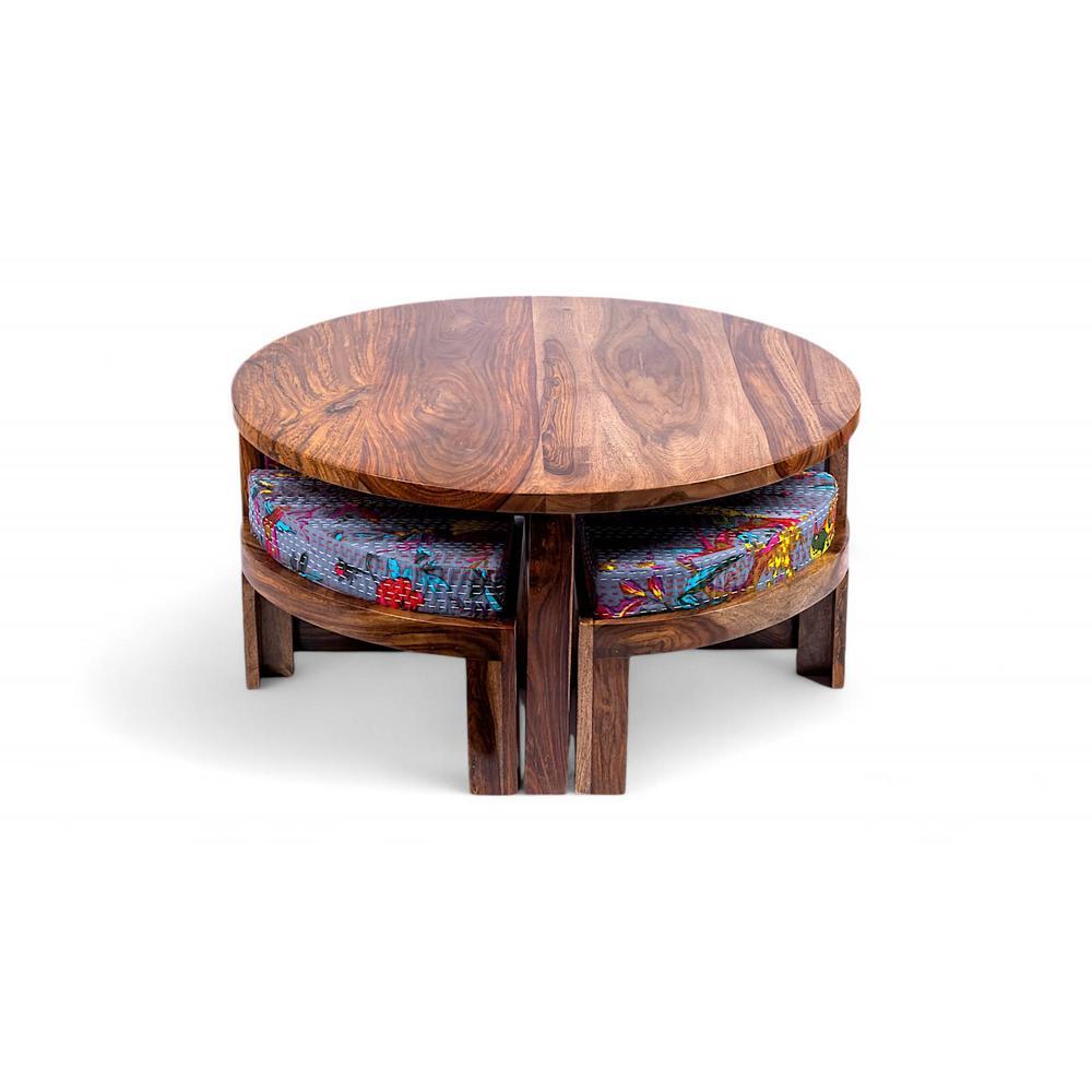 Nashville Sheesham Wood 4 Seater Coffee Table Set In Teak Finish Bird Print Grey Kantha Cushion