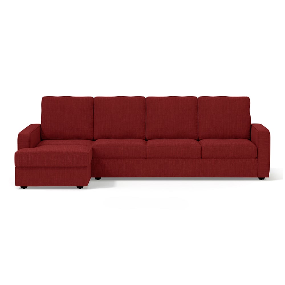 Apollo Sofa (Colour : Salsa Red, Cushion : Soft, Back Type : High Back, Seating Capacity : Left Aligned 3 Seater + Left Aligned Chaise + Ottoman) - Urban Ladder