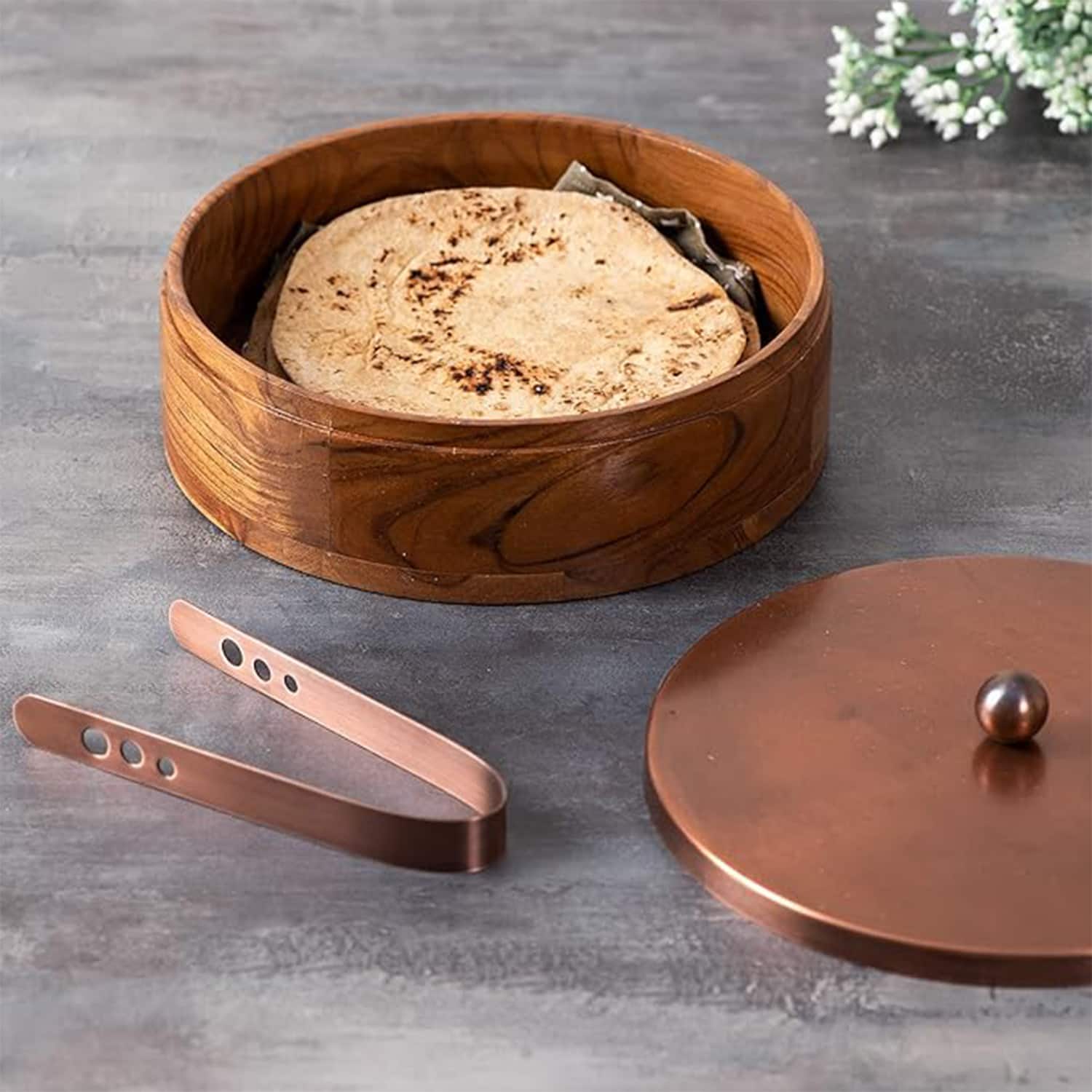 Classic Acacia Wood Roti Box With Tong Copper
