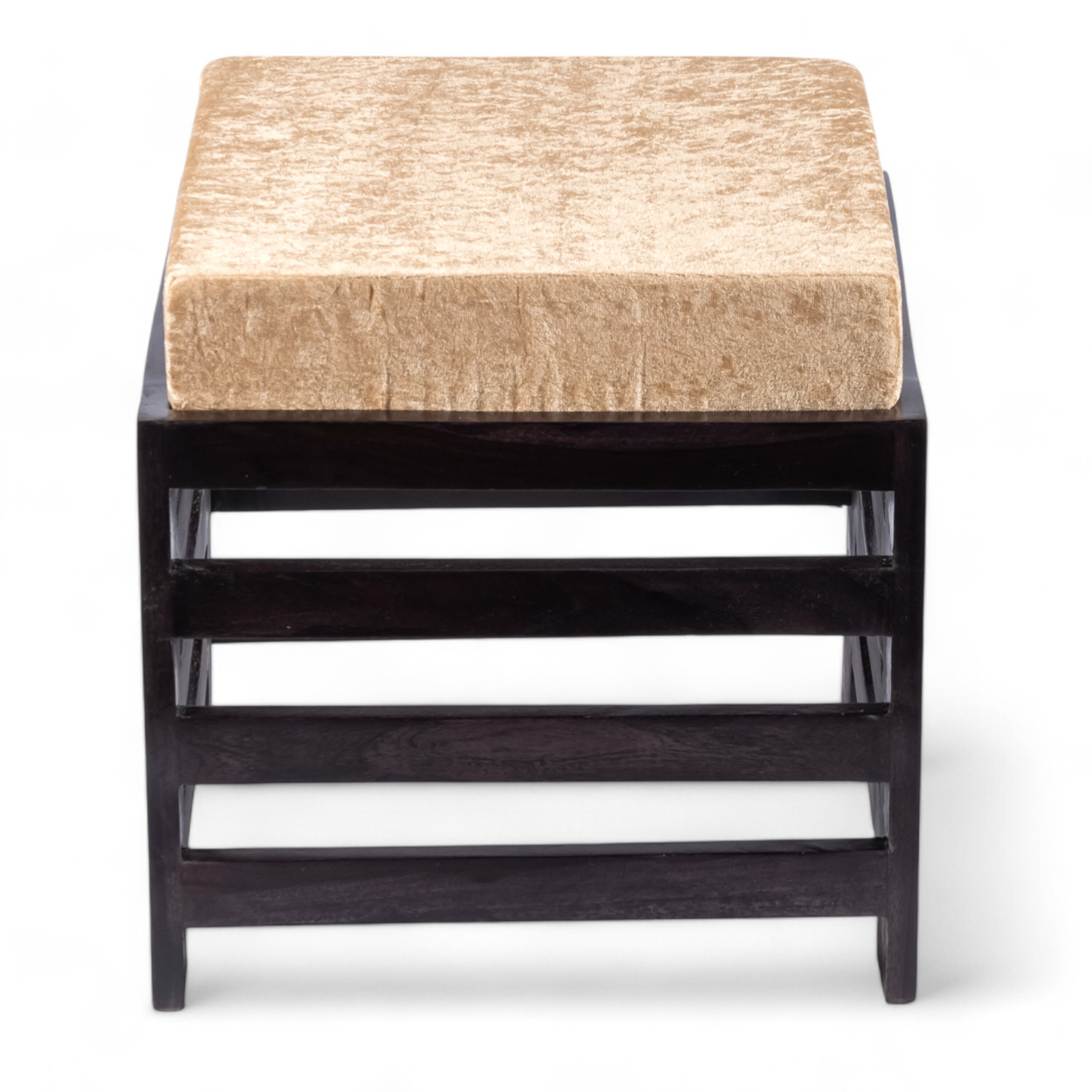 Houston Sheesham Wood Set of 2 Stools in Beige Sparkle Velvet, Extra Dark Mahogany Finish