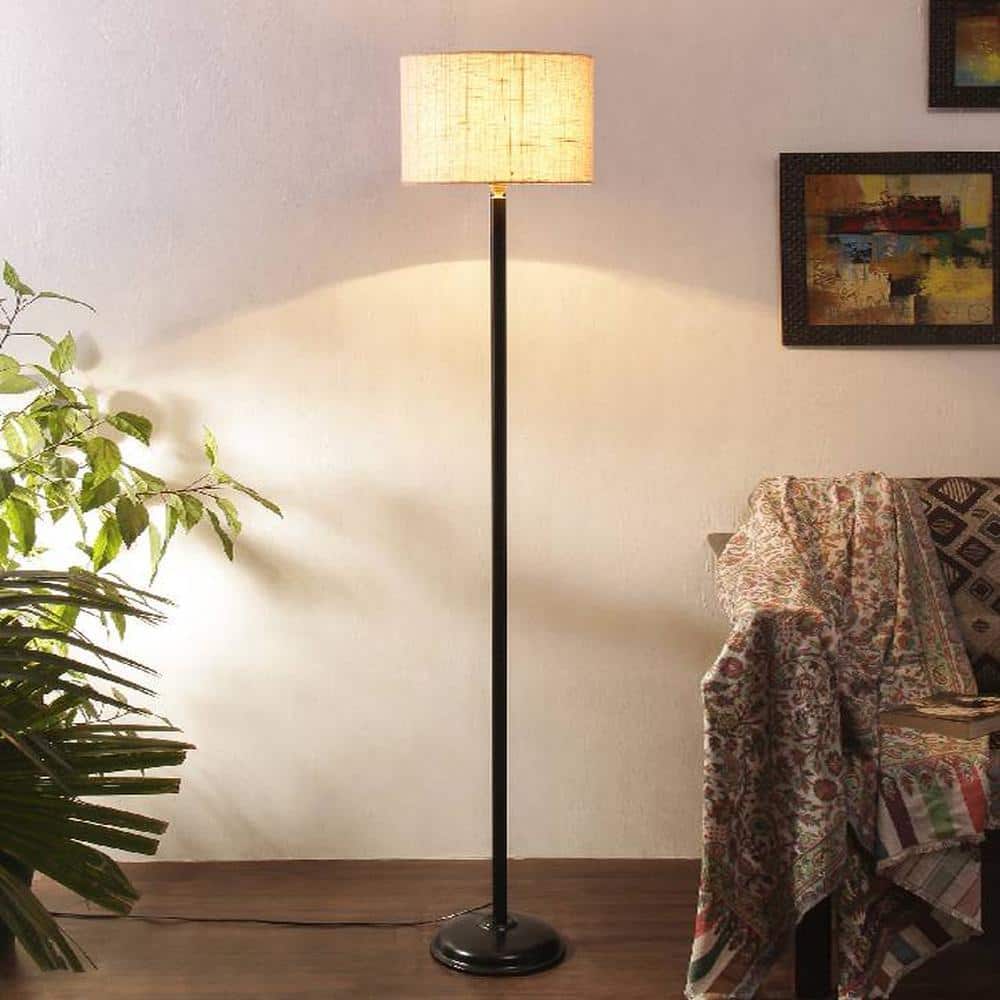 Flora White Natural Fiber Floor Lamp with Black Iron Base