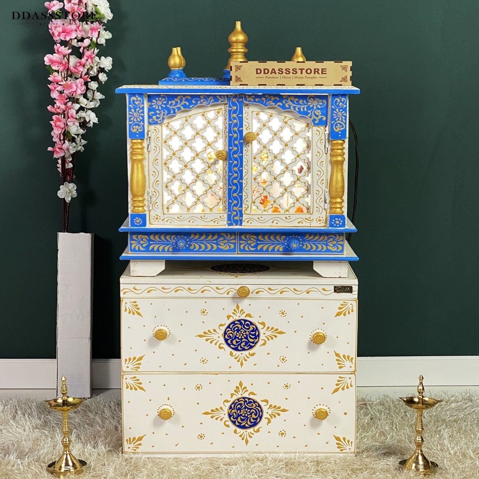 D'Dass Multi Color Mdf and Sheesham Wooden Temple With Cabinet For Pooja - D'DASS