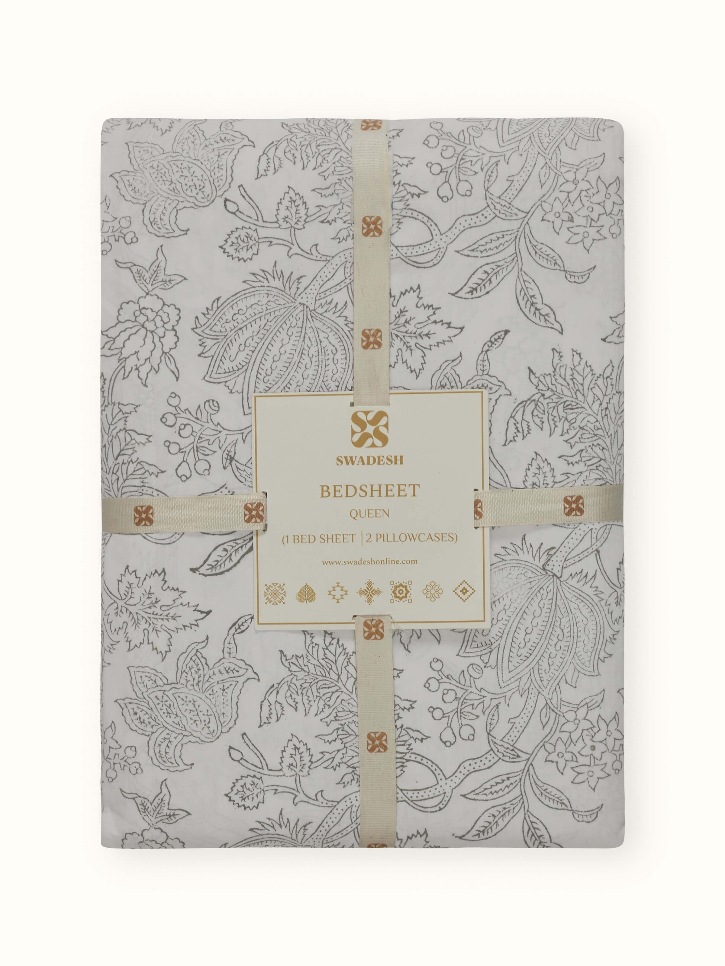 Kairavam Green Floral Cotton Sanganeri Hand Block Print Queen-size Bedsheet Set