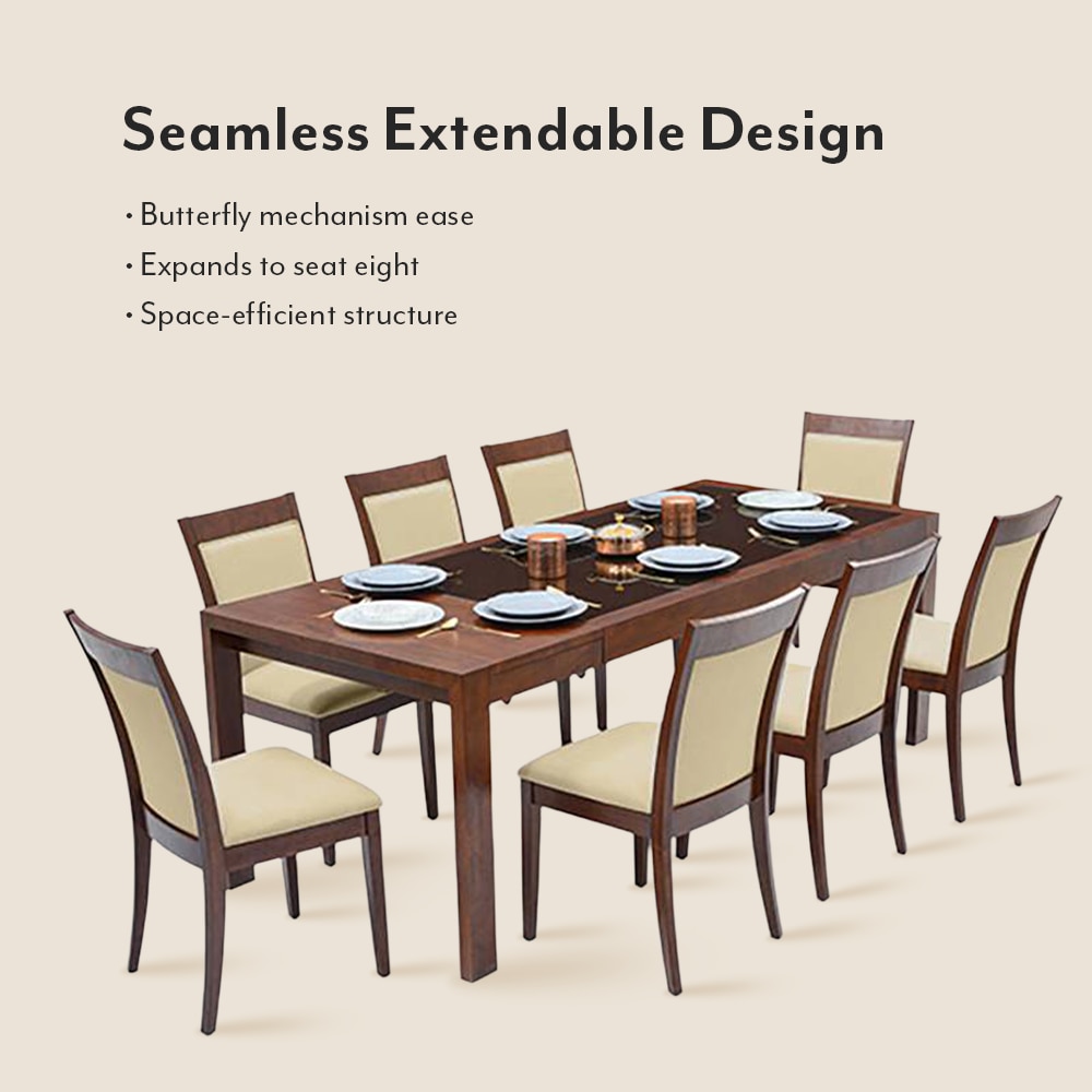 Vanalen 6-To-8 Extendable - Dalla 8 Seater Glass Top Dining Table Set (Colour- Beige, Finish- Dark Walnut)