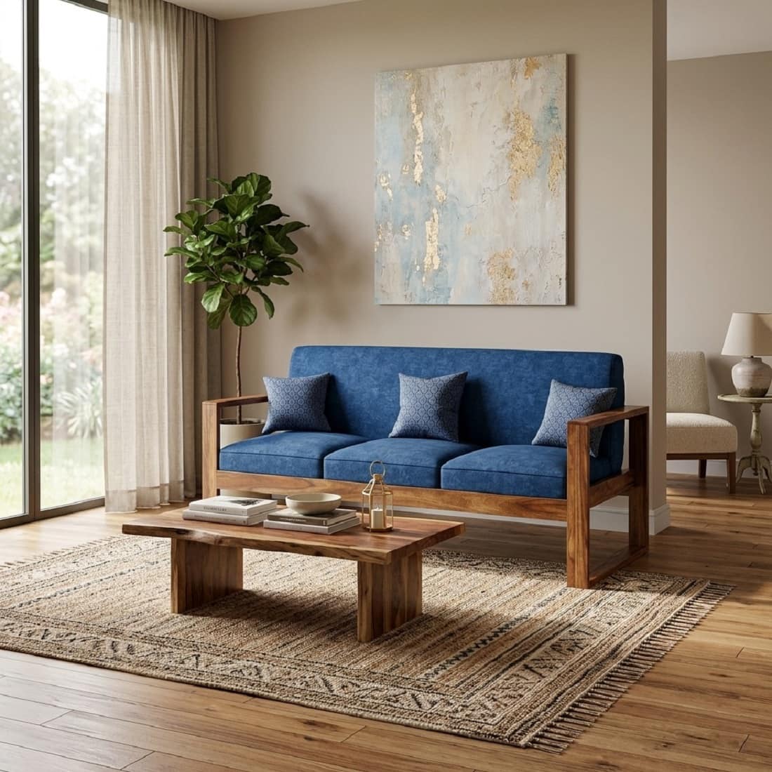 Samar Solid Wood 3 Seater Sofa With Cushion In Provincial Teak Finish - Demiwall