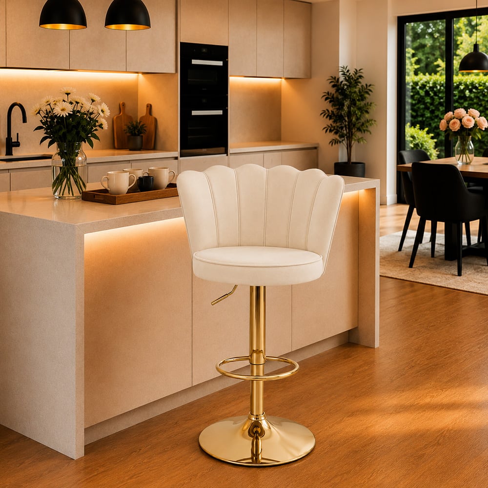 Doe Buck Luxury Beige Velvet Adjustable Bar Stool Chair with Gold Hydraulic Base - Doe Buck