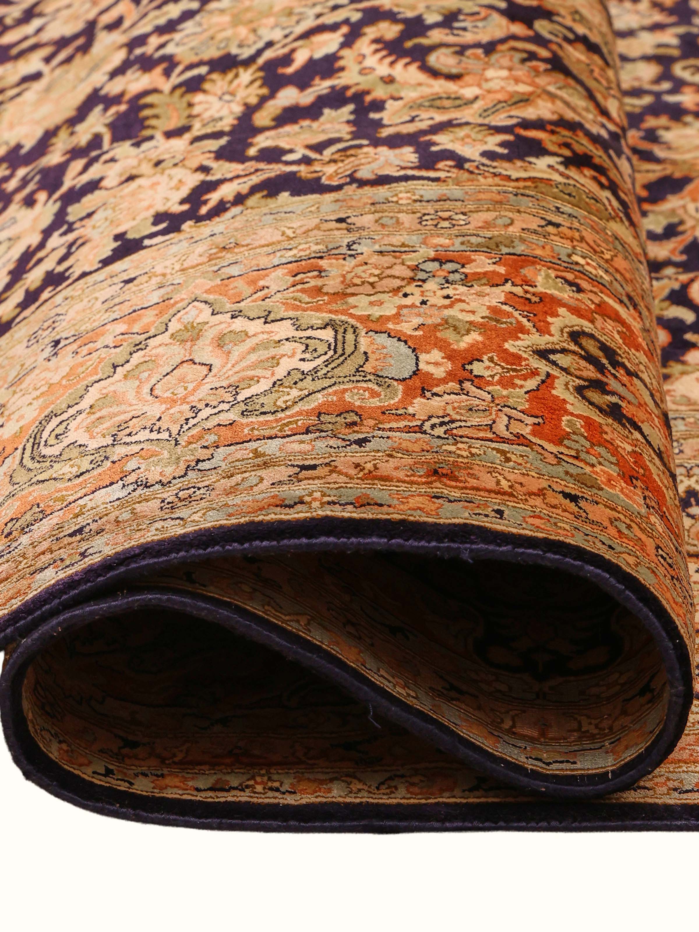 Traditional Persian Navy Rust Kashan Kashmir Silk Hand-Knotted Carpet