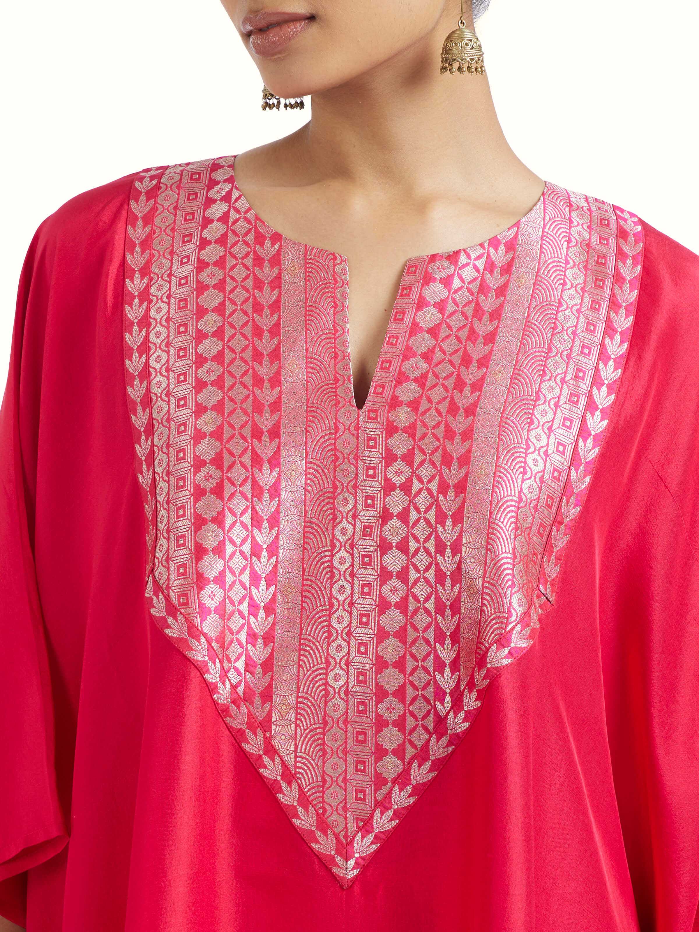 Detail view of red silk Banarasi co-ord set showing woven craftsmanship