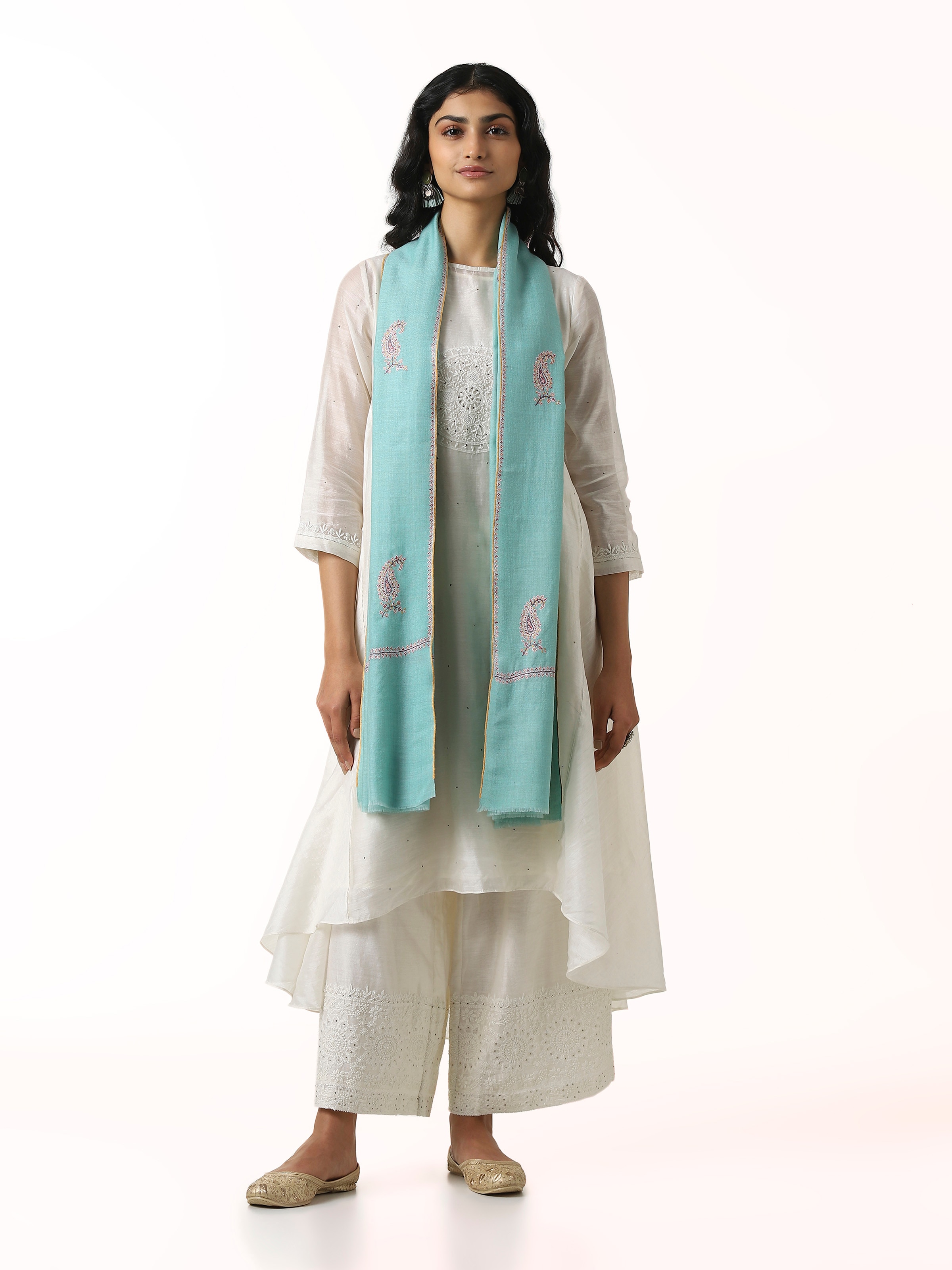 Front view of rust jalidar sozni embroidered stole showcasing intricate embroidery