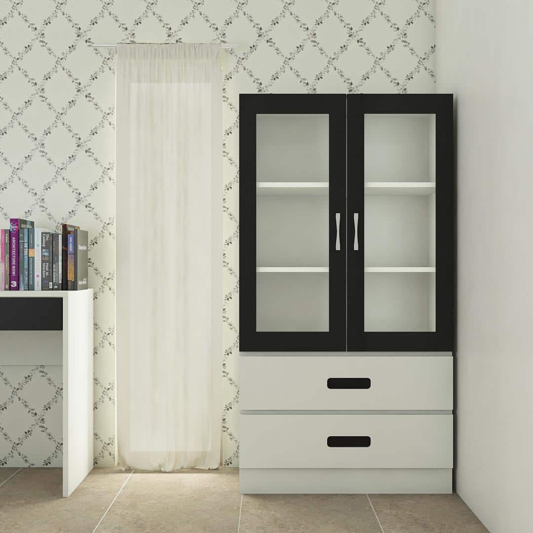 Paloma Large Crockery cum Bookshelf Cabinet with Toughened Glass Shutters and Drawers in Ivory Carbon Black Colour