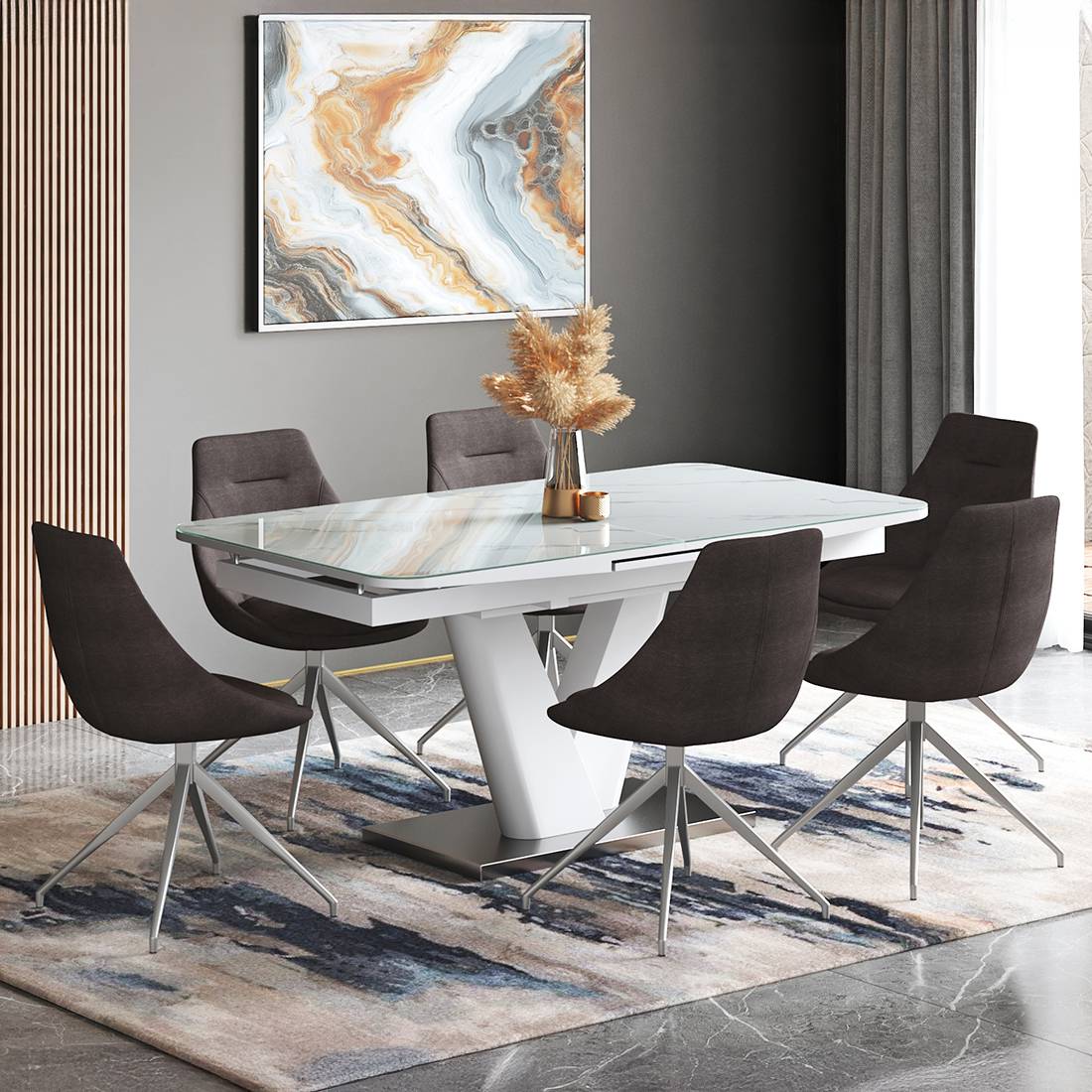 Caribu 6 To 8 Extendable Dining Table With Set Of 6 Doris Swivel Accent Chairs (Colour- Dark Grey, Finish- White High Gloss)
