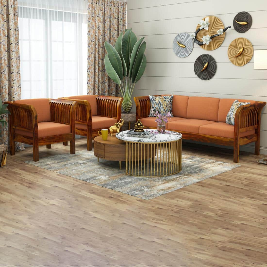 Haveli 3+1+1 Seater Wooden Sofa (Orange Colour, Honey Finish)