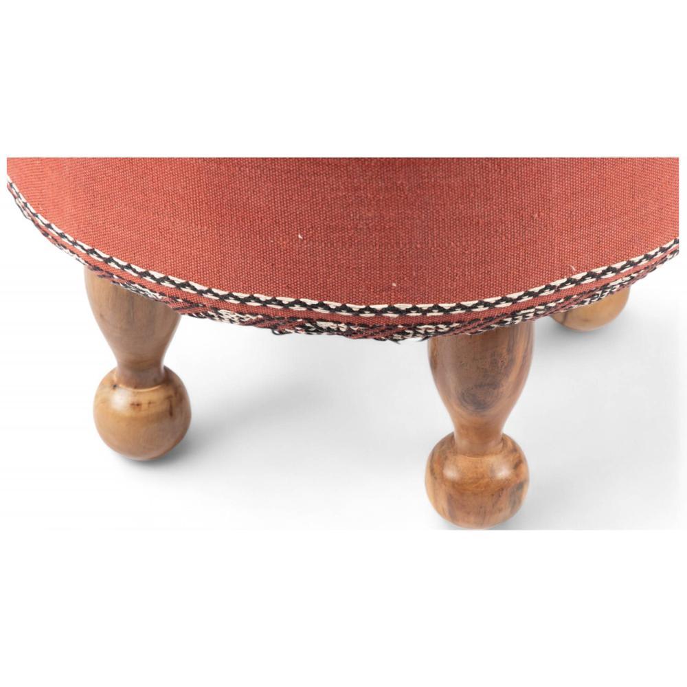 Louisville Acacia Wood Parisian Round Set of 2 Pouf Stools in Red Jacquard