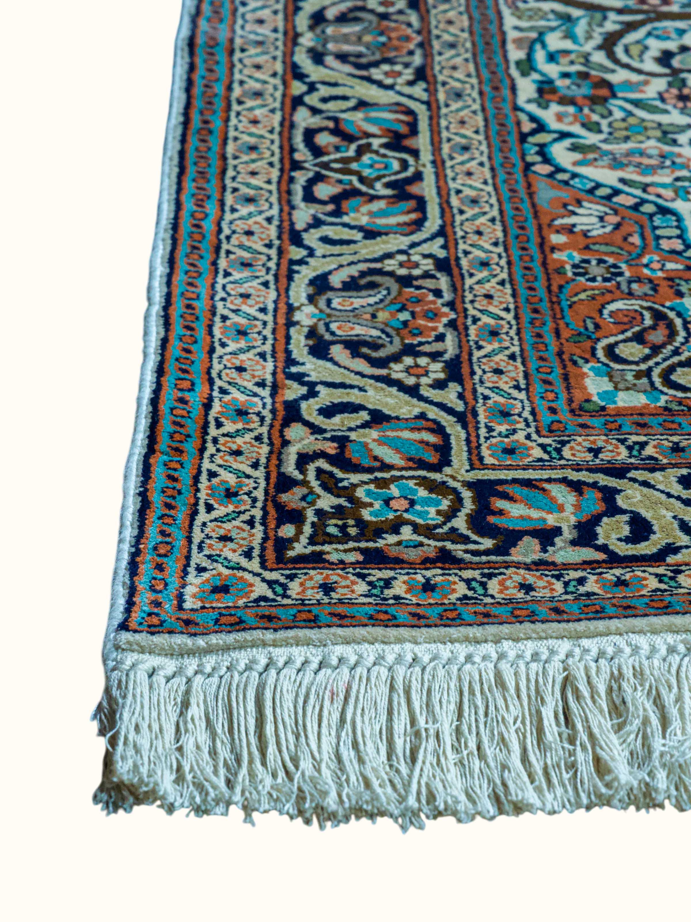 Traditional Persian Ivory Rust Tabriz Kashmir Silk Hand-Knotted Carpet