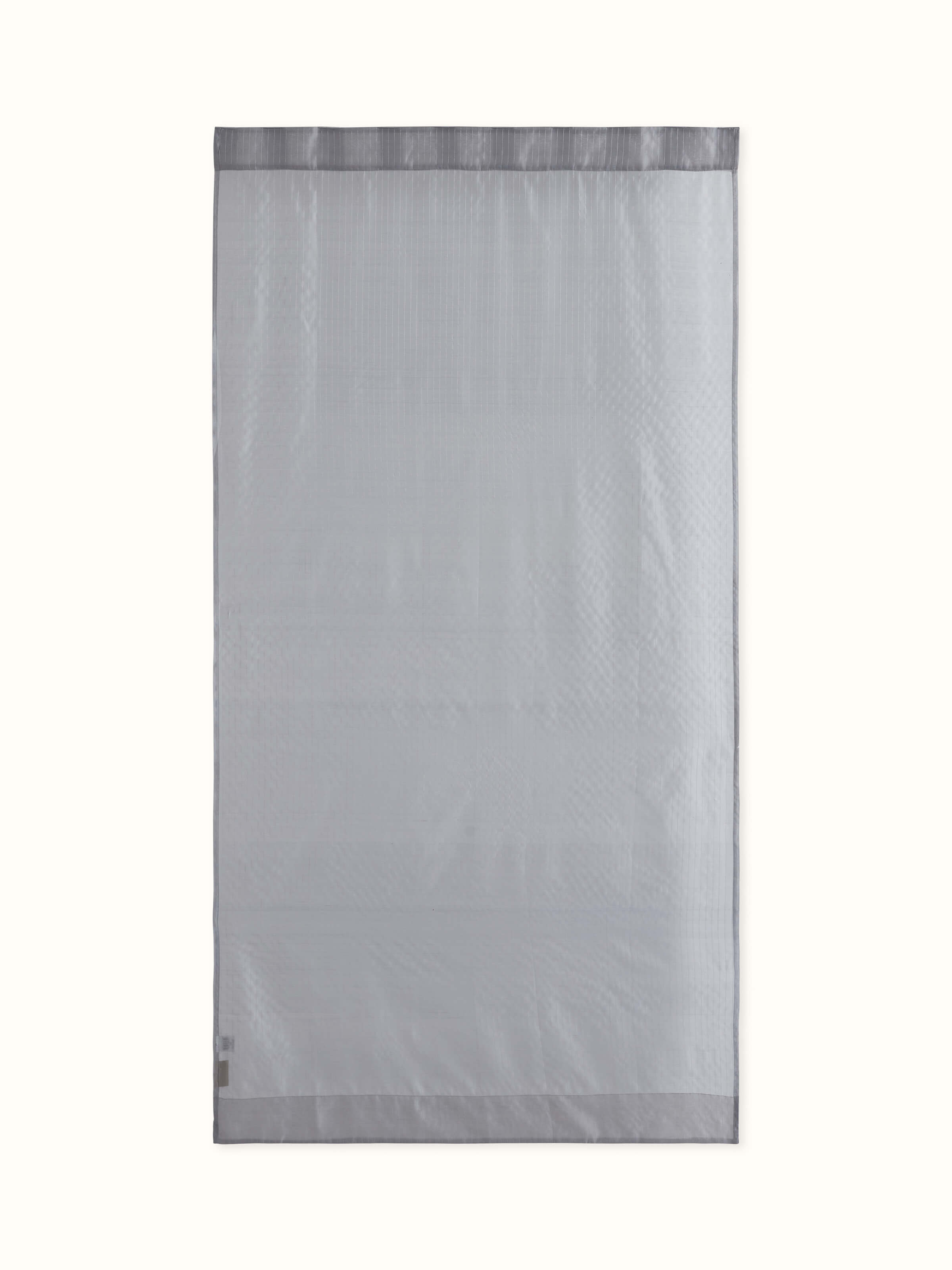 Front view of sheer grey Maheshwari curtain with metallic silk-cotton stripes.