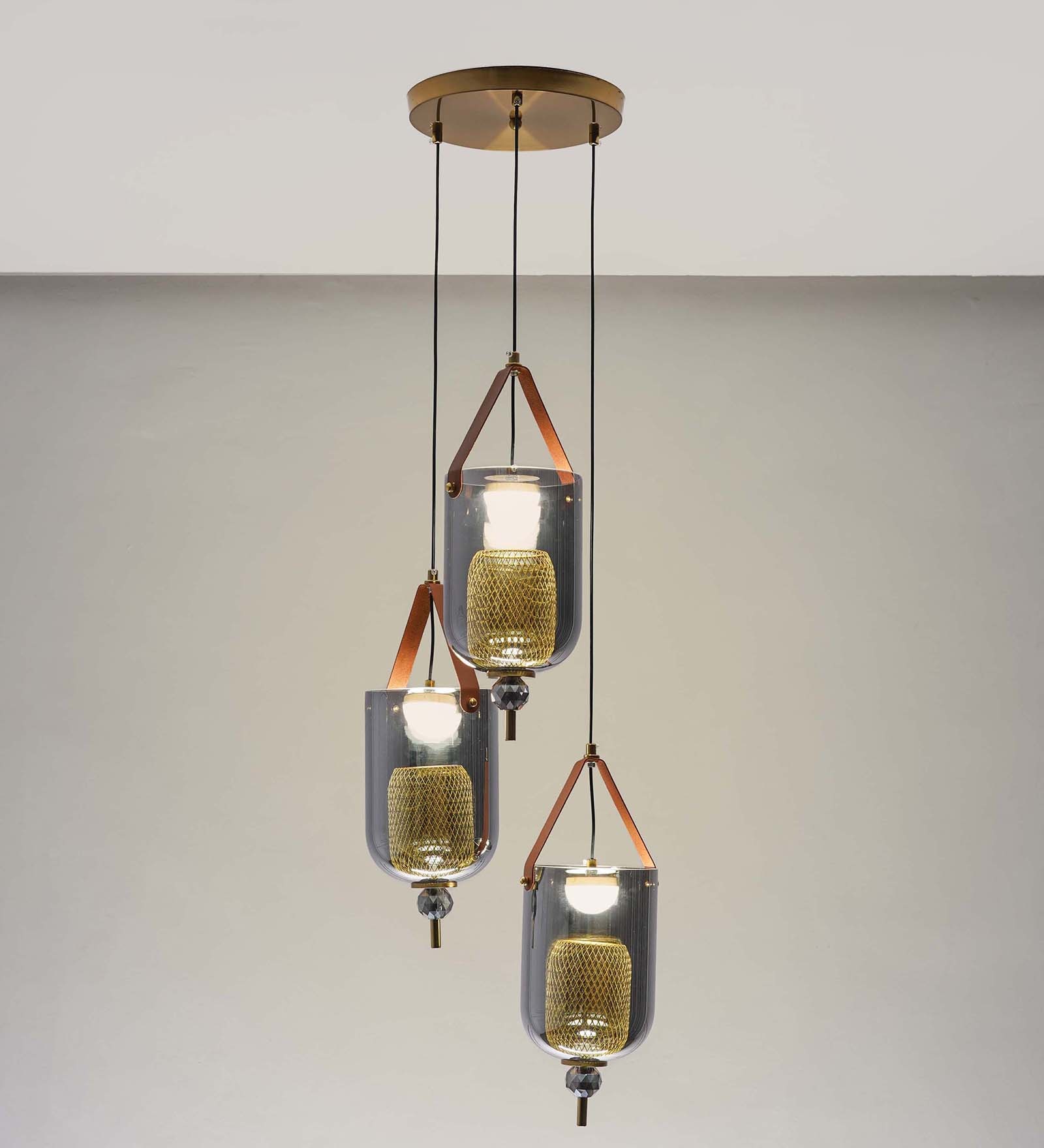 Duo Integrated 3-Light Led Ceiling Pendant In Brass Finish Metal And Brown Leather With Gray Glass Shades
