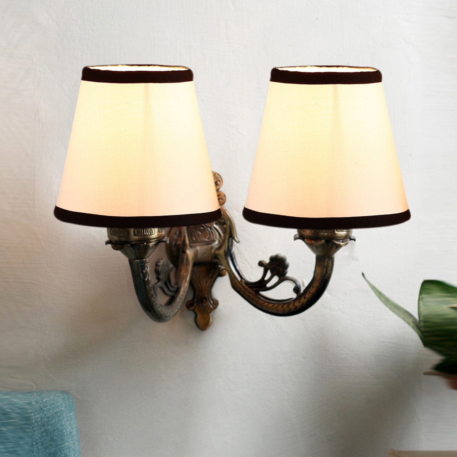 Devansh Metal Electric Wall Light in Antique Gold Colour with White & Black Shade Count of 2 Lights - Devansh