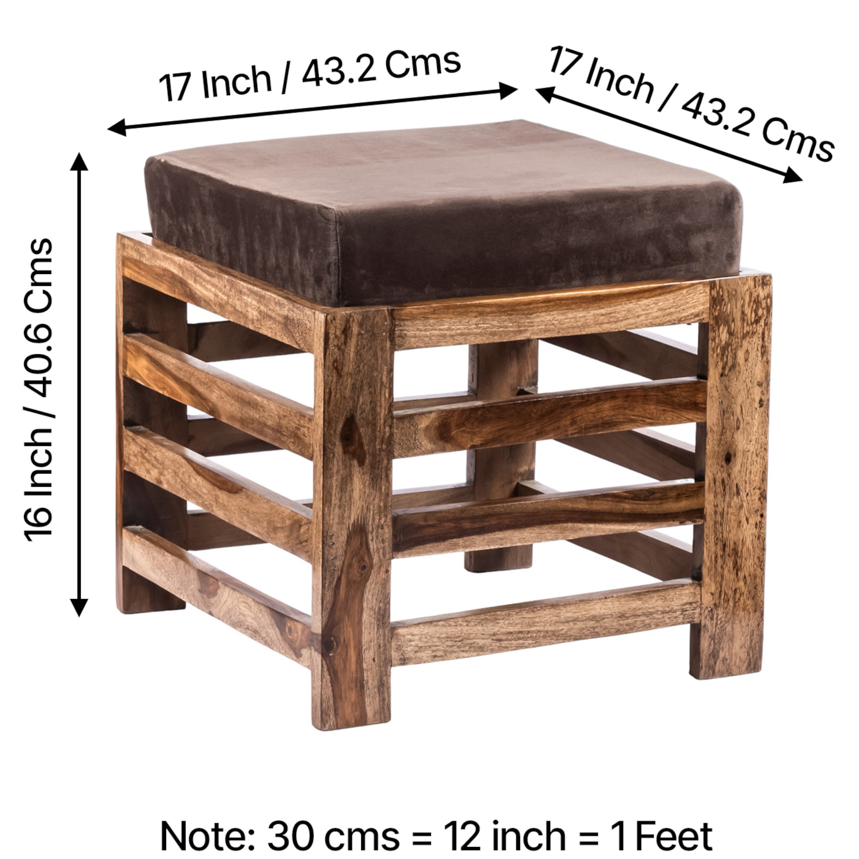 Houston Sheesham Wood Contemporary Set of 2 Stools in Cedar Brown Velvet, Teak Finish