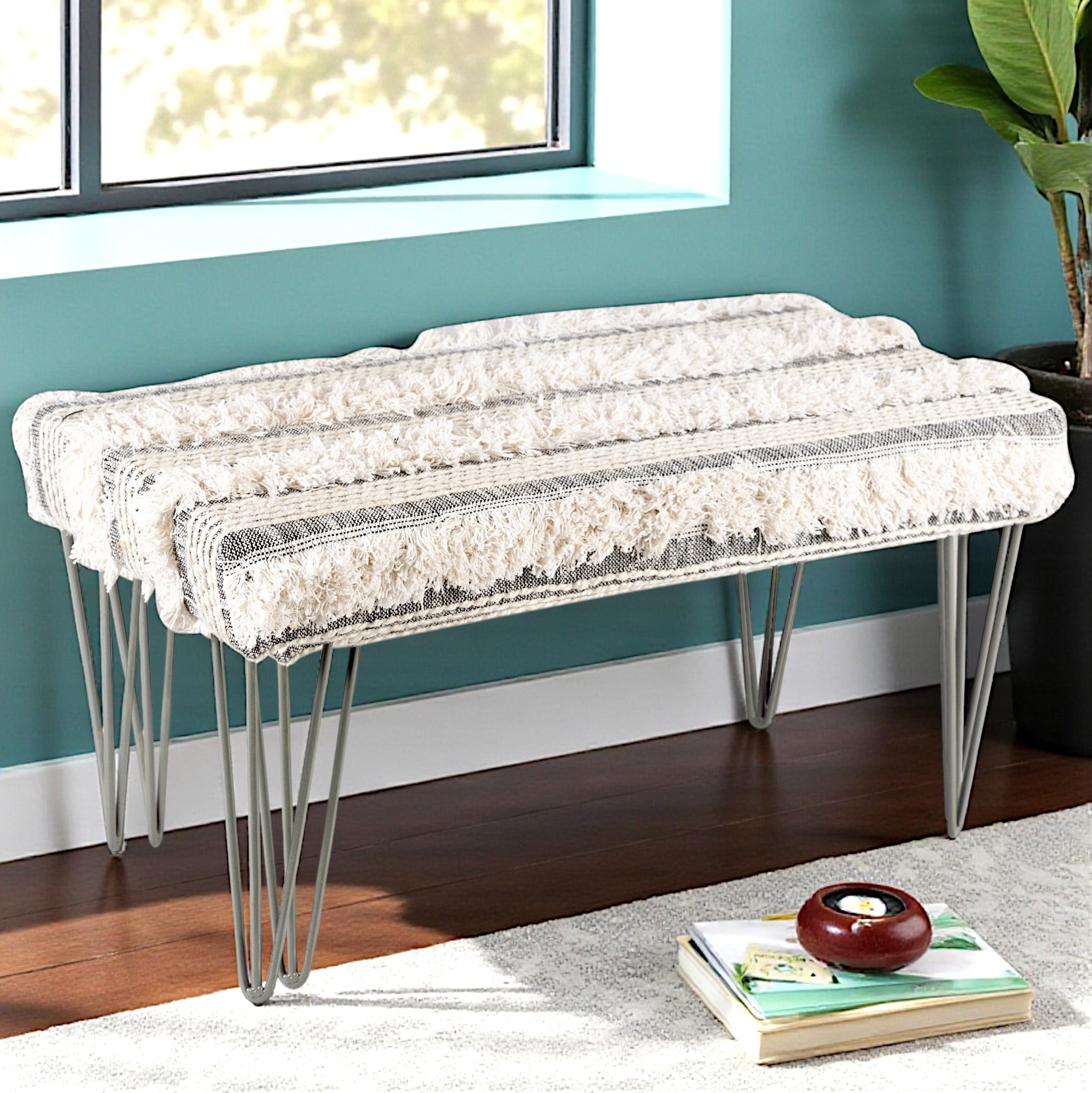 Velas Sheesham Wood Mid Century 2 Seater Bench With Metal Legs In Grey Fabric With Fringes