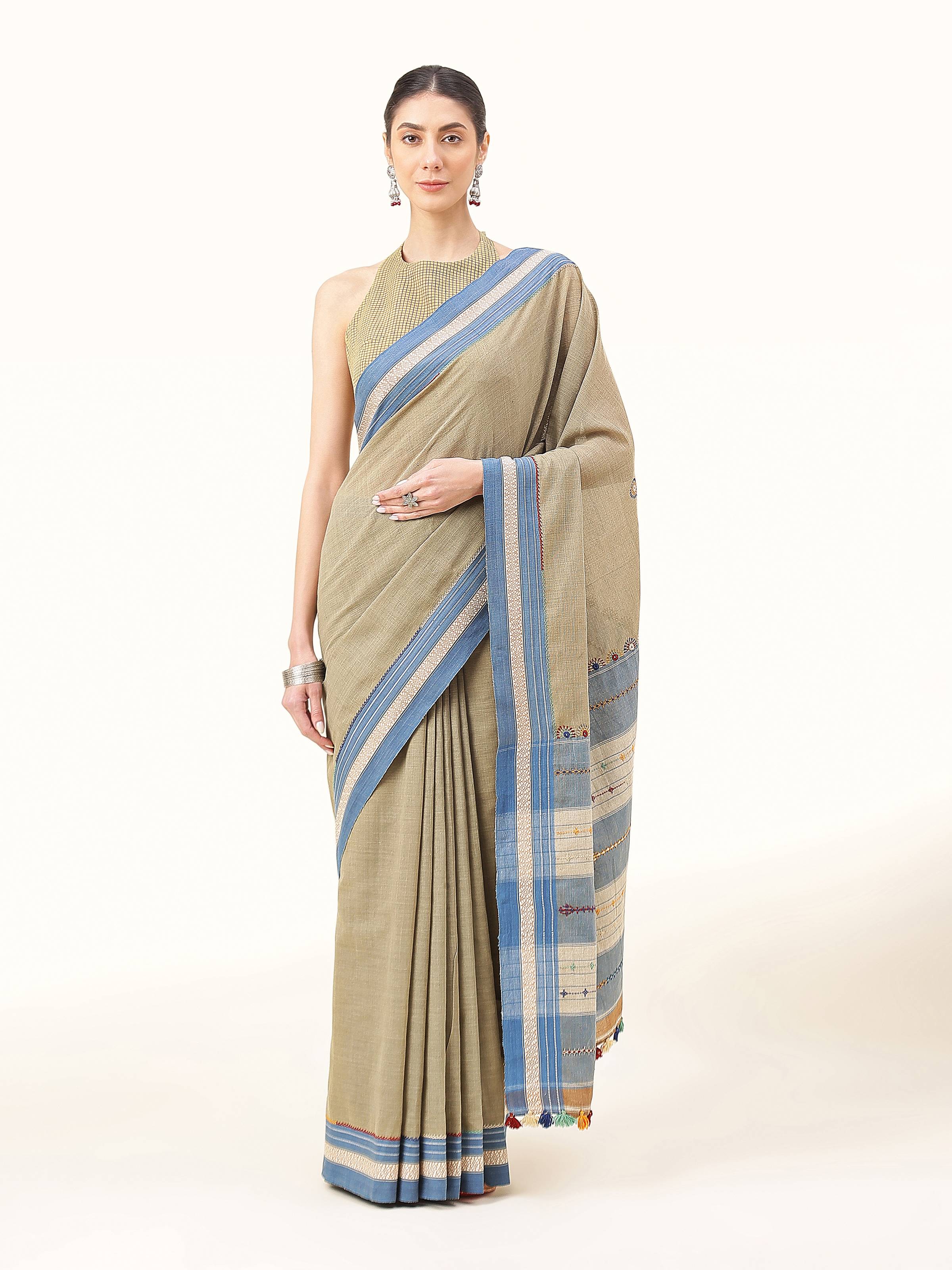 Olive Natural Dyed Cotton Lambani Embroidered Saree