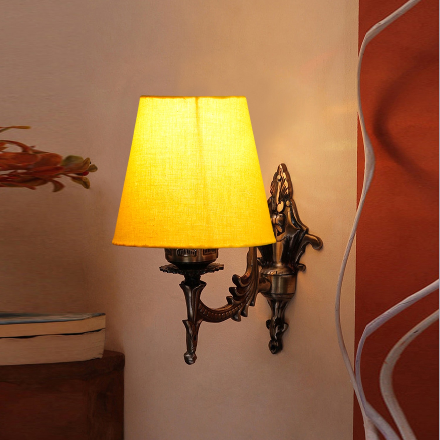 Devansh Metal Electric Wall Light in Antique Gold Colour with Yellow Shade Count of 1 Light - Devansh
