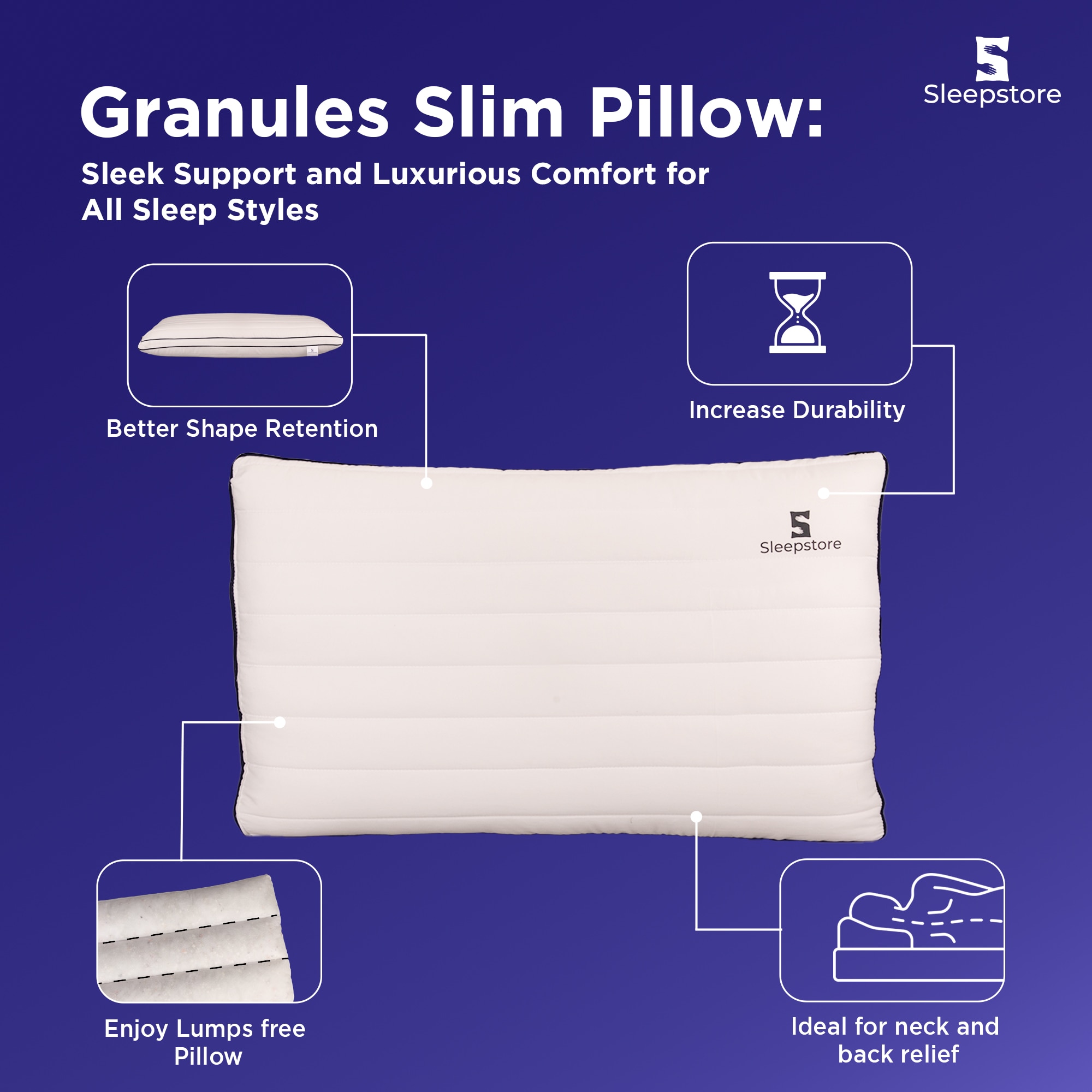 Granules Quilted 4Pcs Slim Pillow For Neck Support 27X18 Inches