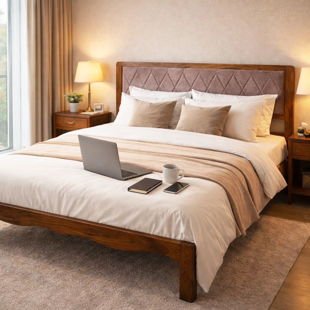 globally indian Luxe Queen Size Sheesham Wood Bed with Diamond Upholstered Headboard-picture-11