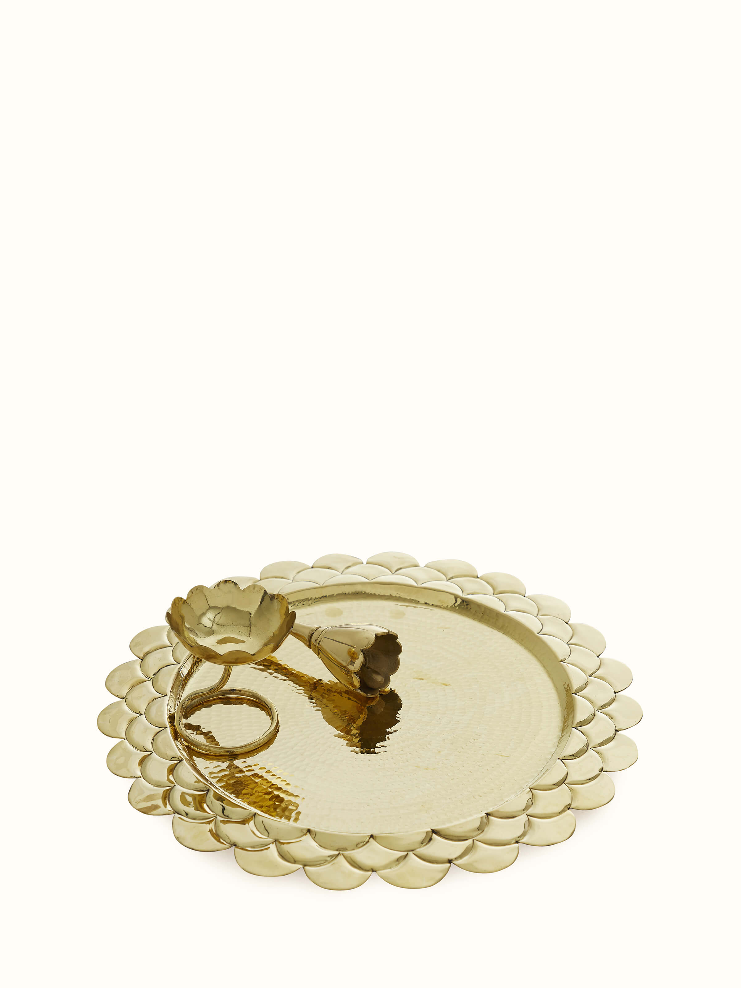 Front view of Polished Brass Pooja Thali Set (3 Pcs) showcasing the spiritual design and intricate craftsmanship.