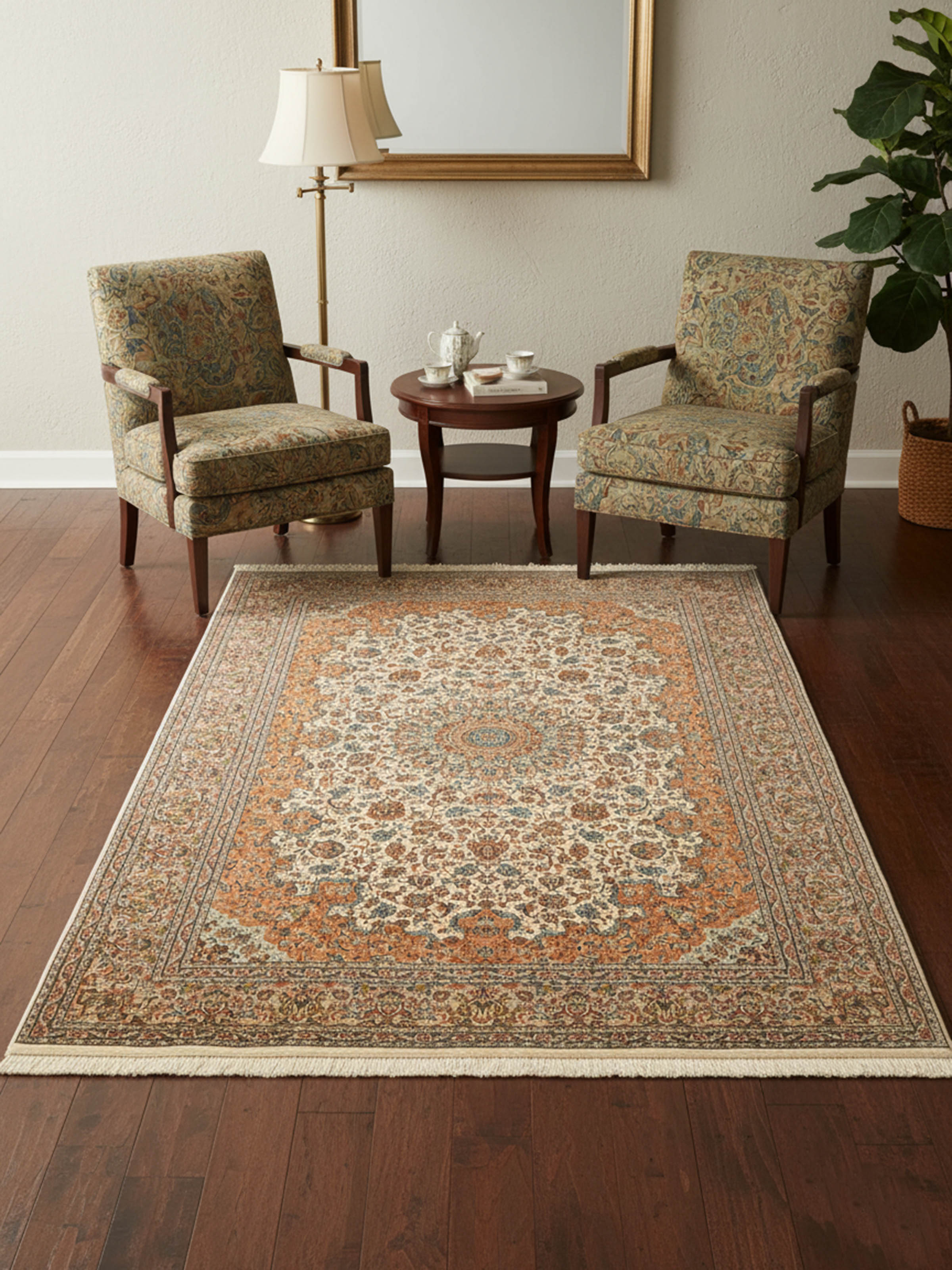 Traditional Persian Ivory Kerman Kashmir Silk Hand-knotted Rug