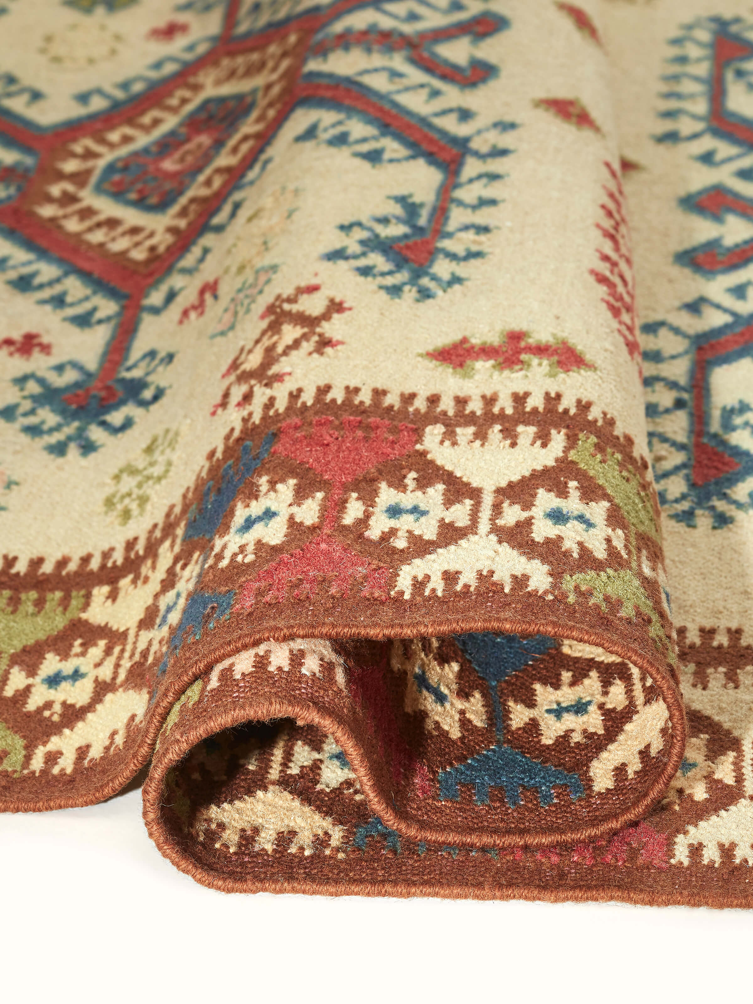 Top view of Traditional kilim beige salawas wool & cotton panja dhurrie, highlighting the full design and layout.