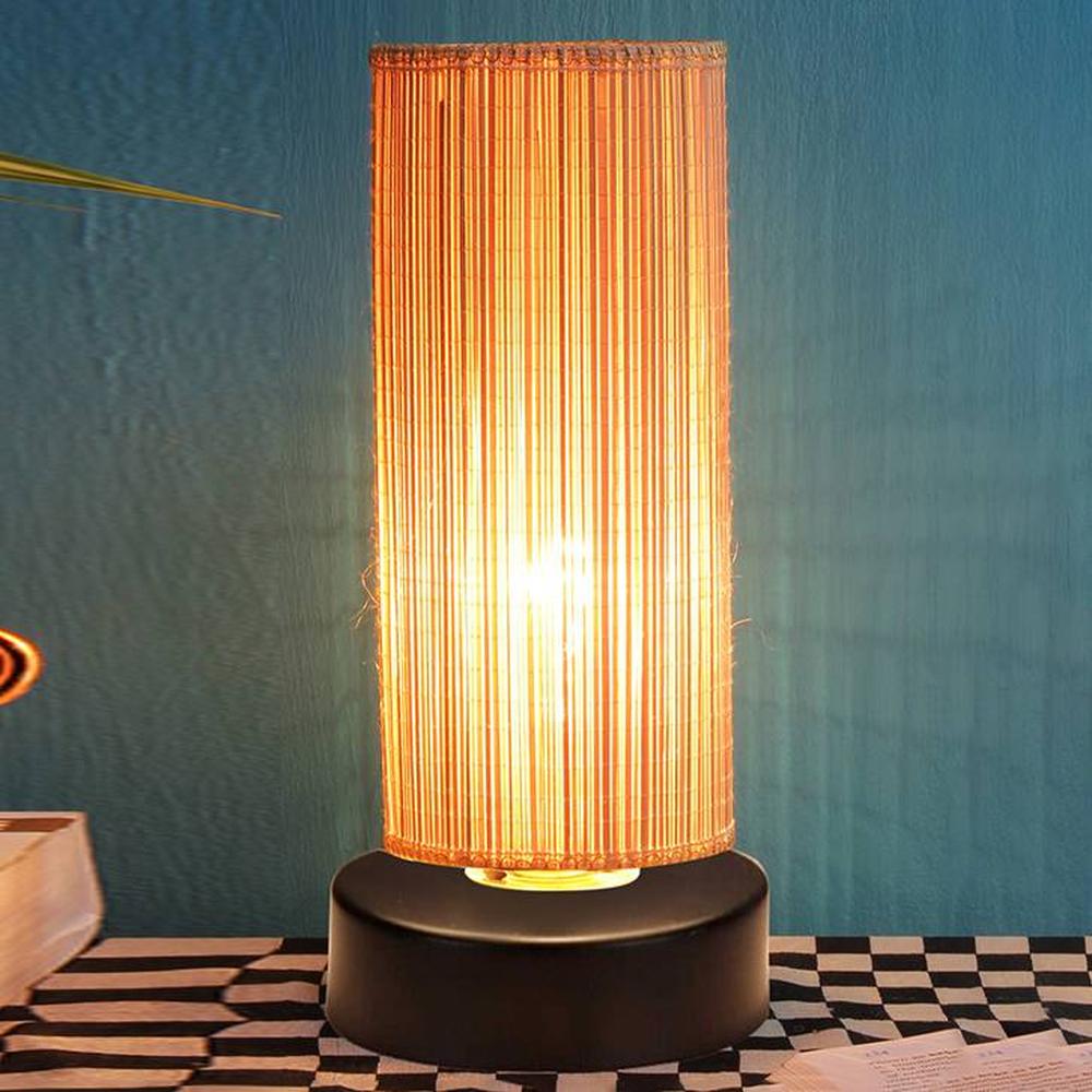 Noe Beige Bamboo Shade Table Lamp with Black Iron Base