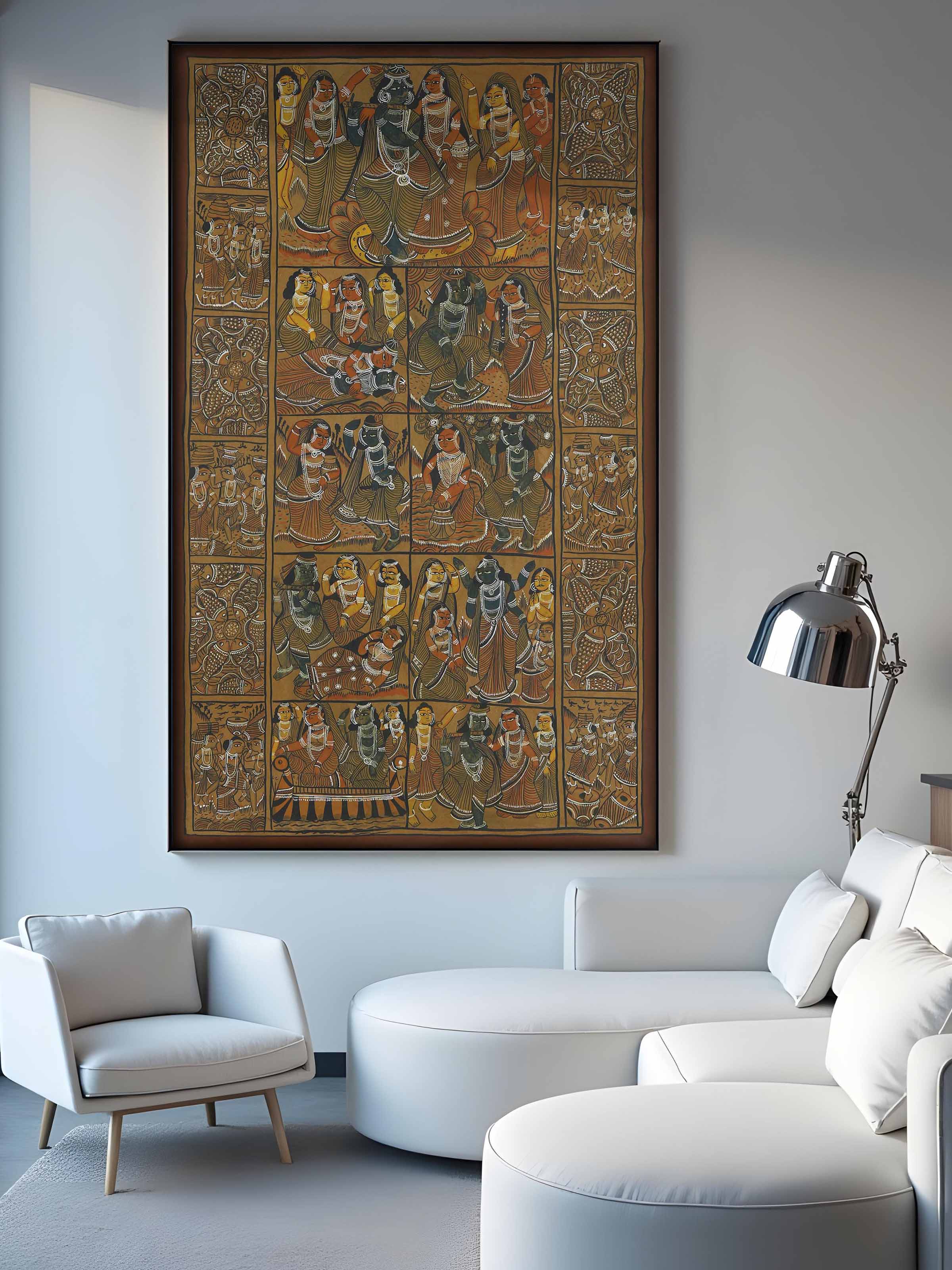 Hand-painted Krishna story Kalighat artwork with classic Bengali folk art style