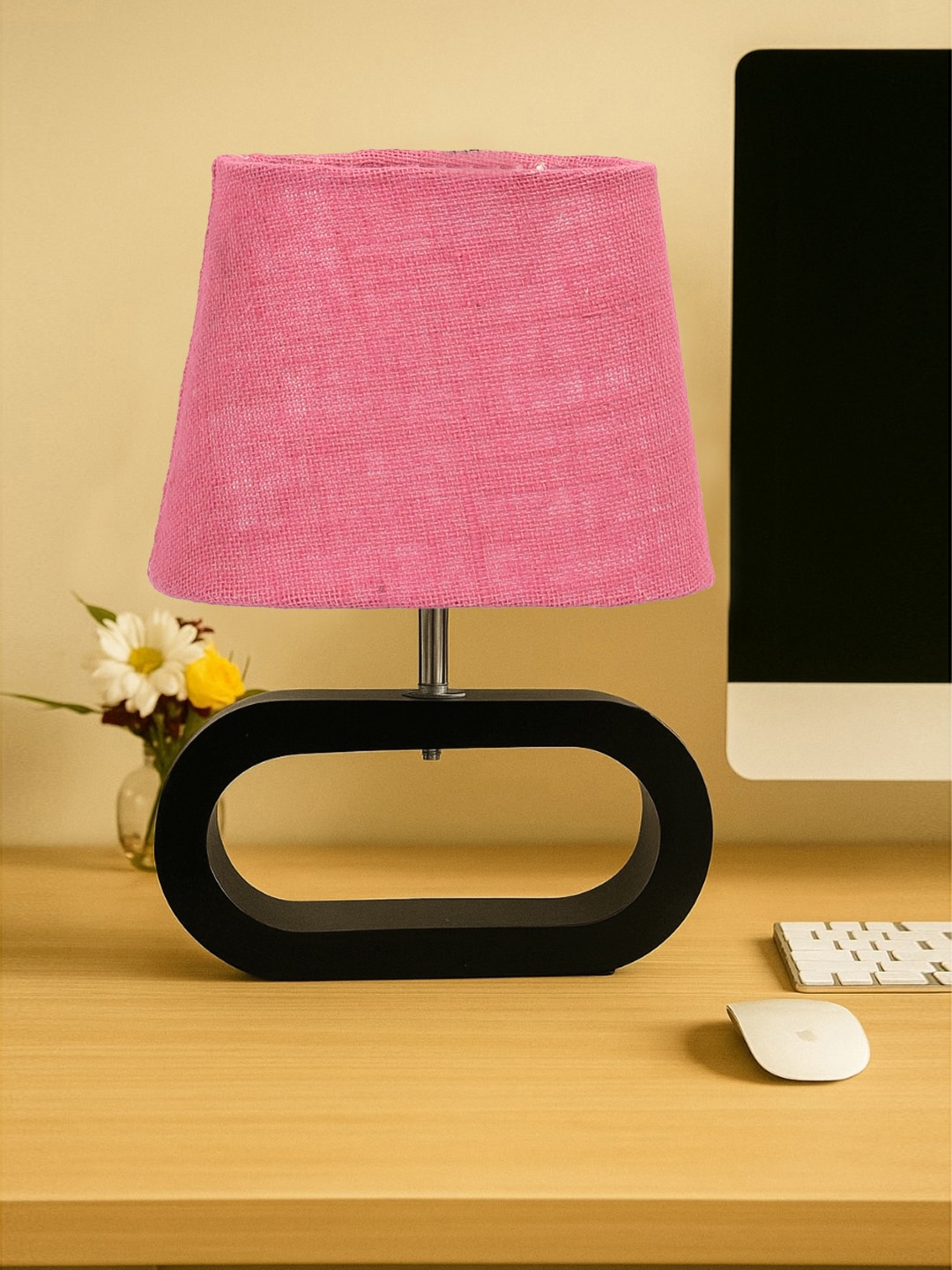 Devansh Pink Jute Table Lamp With  Wood Black Base -11 - Devansh