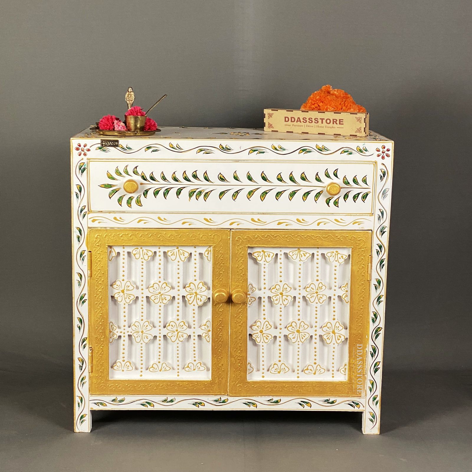D'Dass Big White Sheesham and Mdf Wooden Temple For Pooja With Cabinet - D'DASS