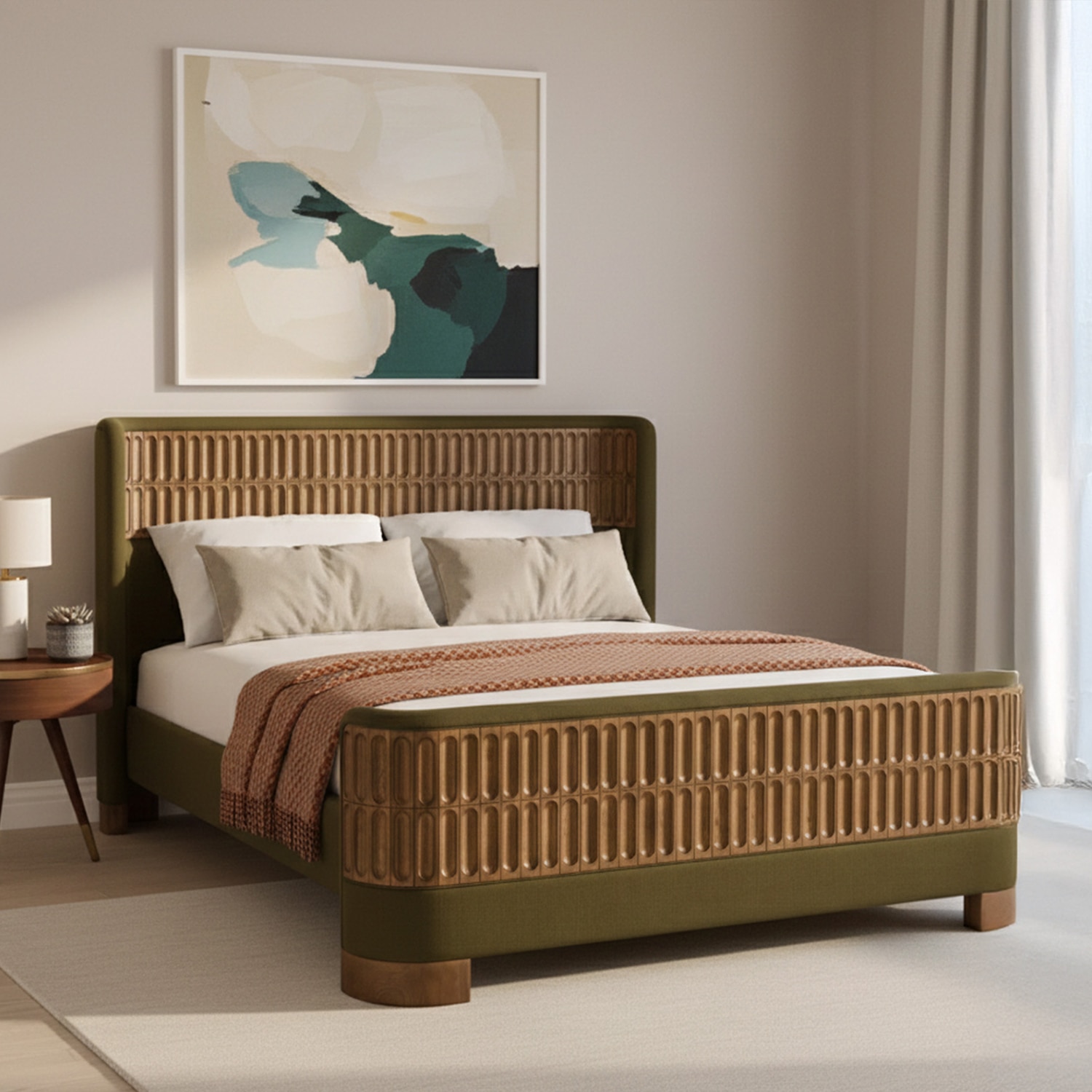 Heritage Cane Upholstered King Size Bed in Linen With Oak wood Frame - Nestroots