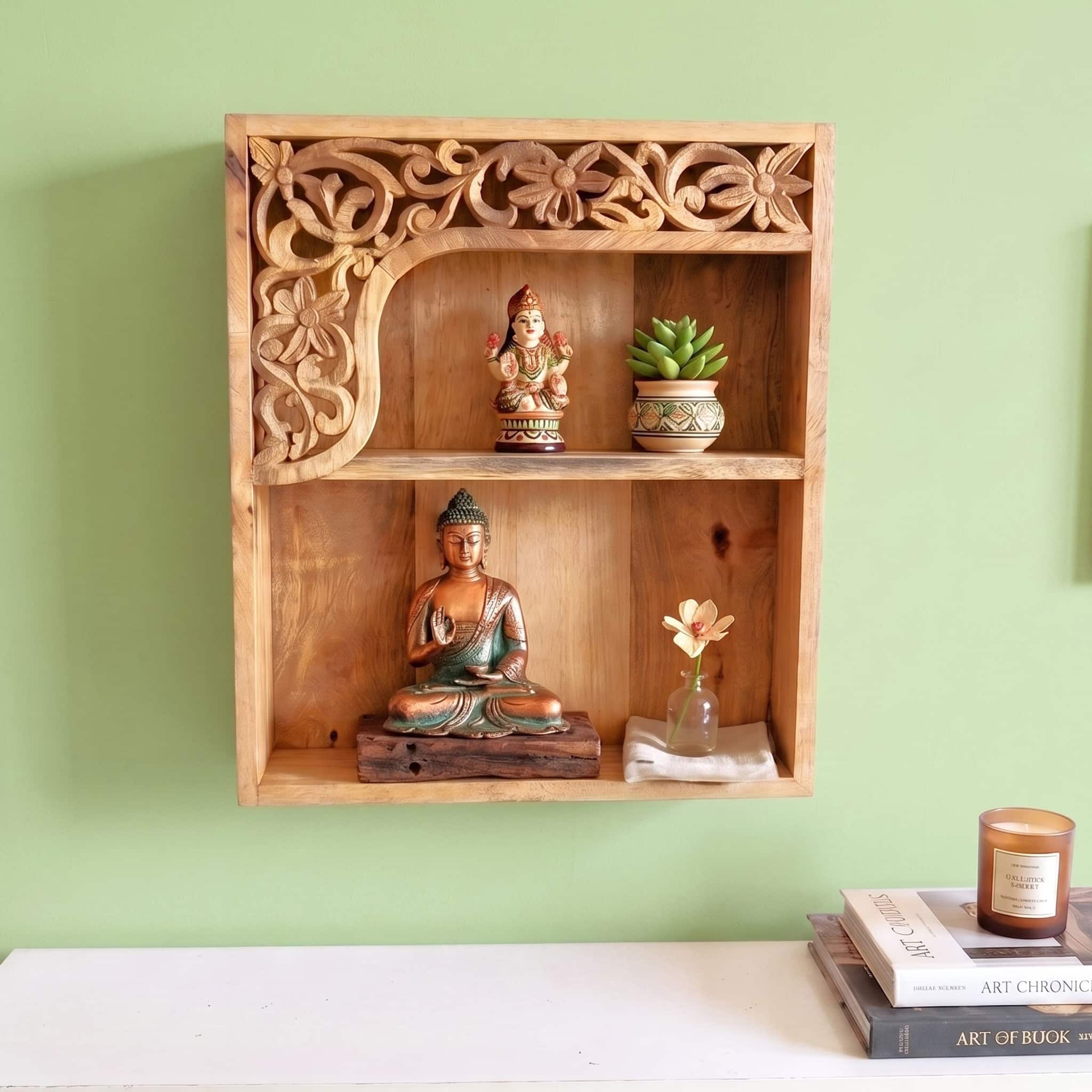 Natural Colour Solid Wood Handcarved Dvaita Floating Wall Shelf With 2 Compartment by DisooFashions - Disoo Fashions