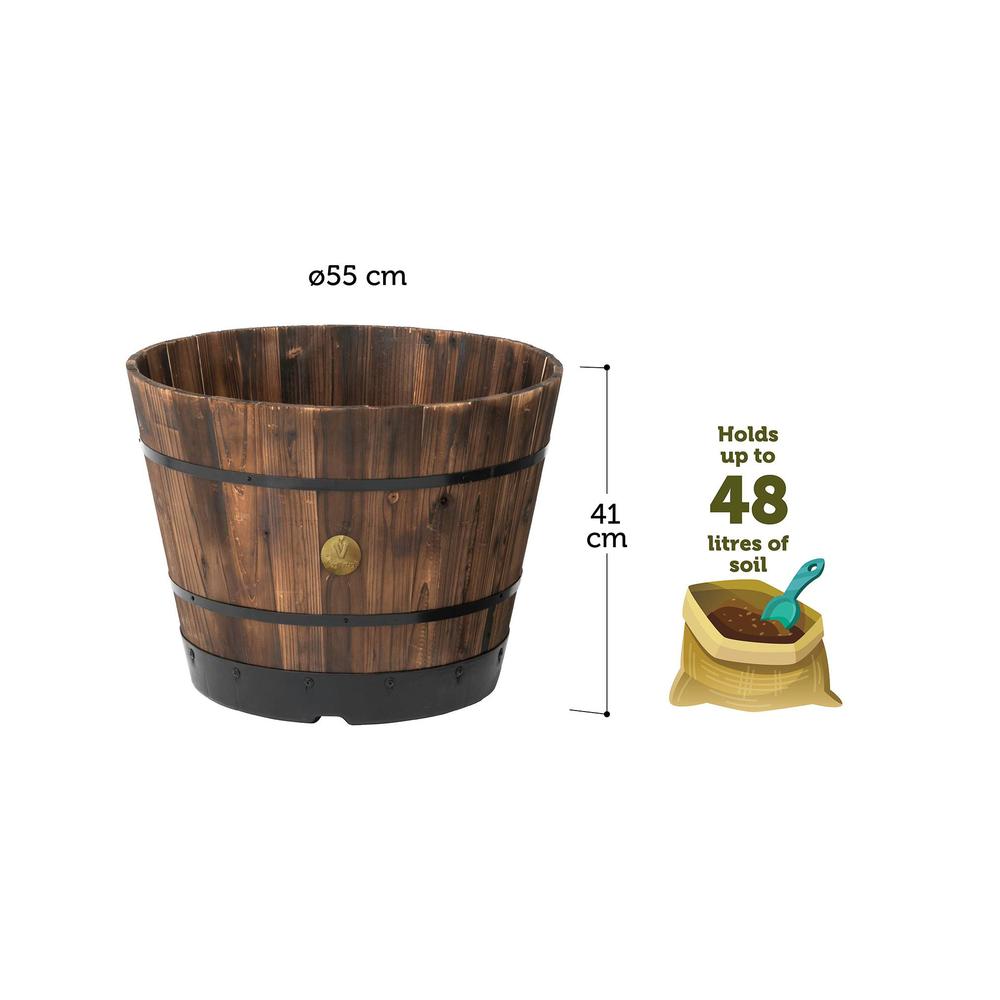 VegTrug Wooden Barrel Planters 55cm Burnt Oak