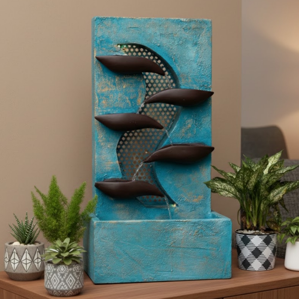 Blue Brown Contemporary Leaf Indoor Water Fountain