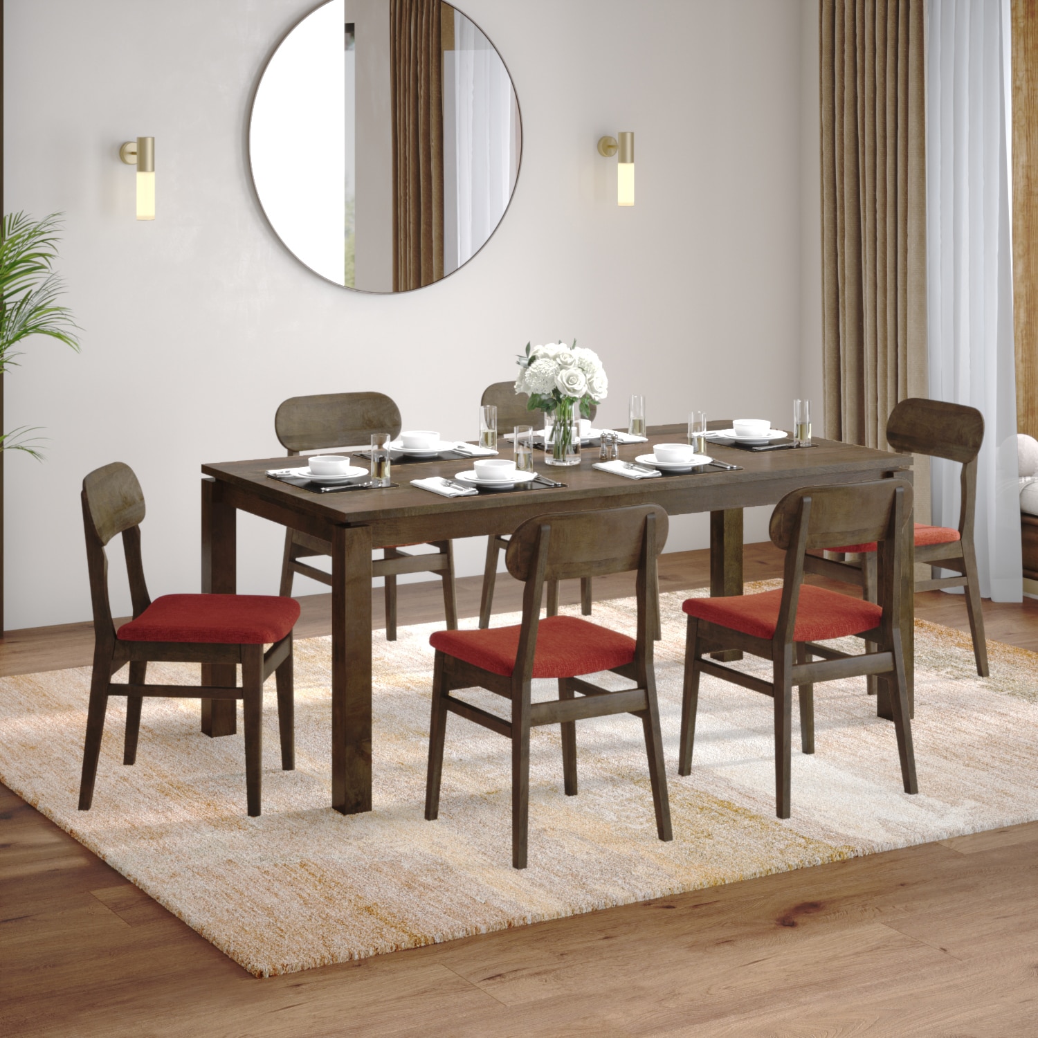 Atlas Solid Wood 6 Seater Dining Table With 6  Lunar Dining Chairs (Finish : Danish Walnut, Chair Colour : Dark Coral)
